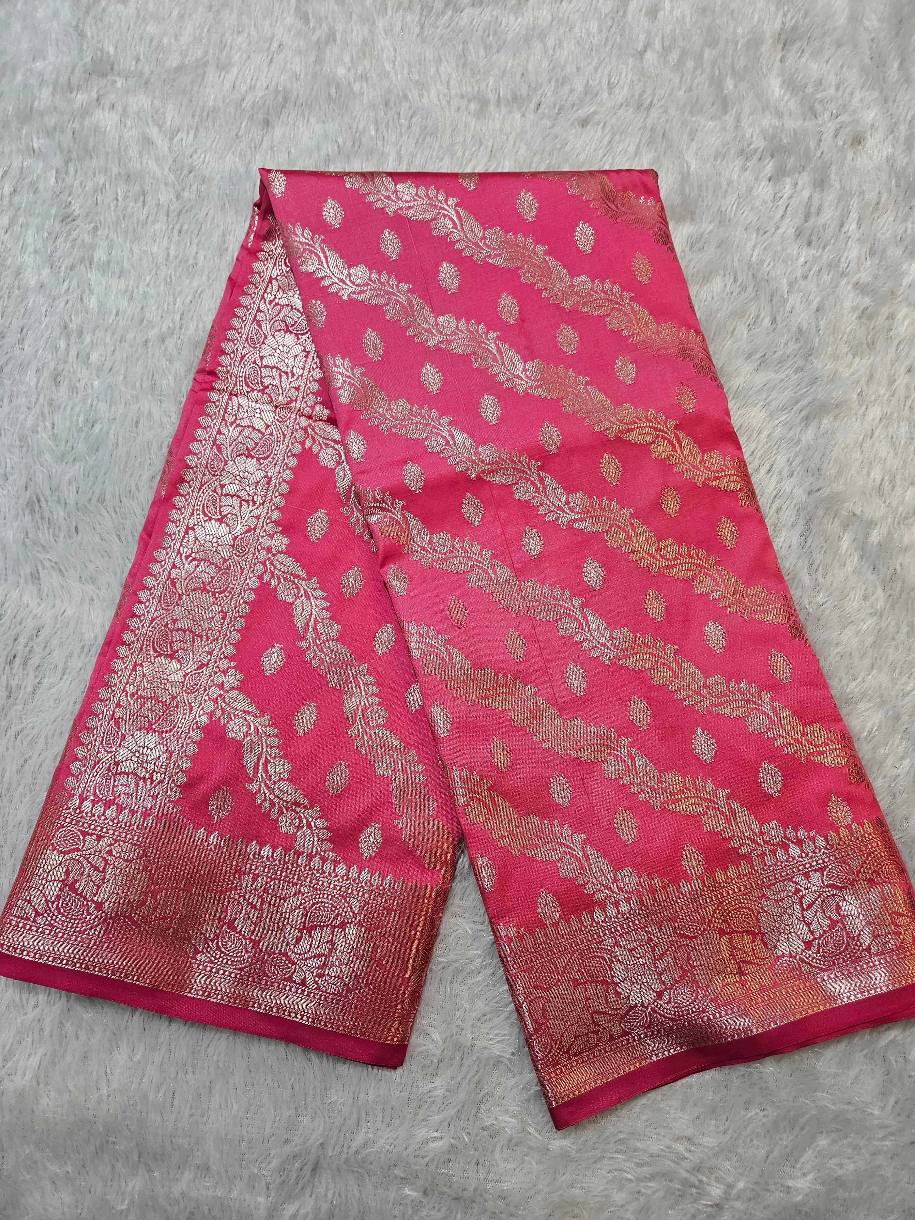 Banarasi Gajari Pink Silk Jaal Zari Border Saree