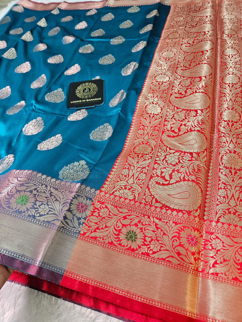 Firozi and Red Contrast Banarasi Silk Buta Zari Border Saree