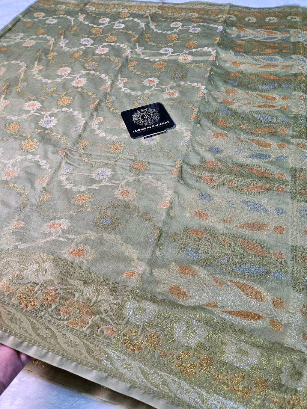 Banarasi Georgette Pista Saree with Nimzari Border Jaal