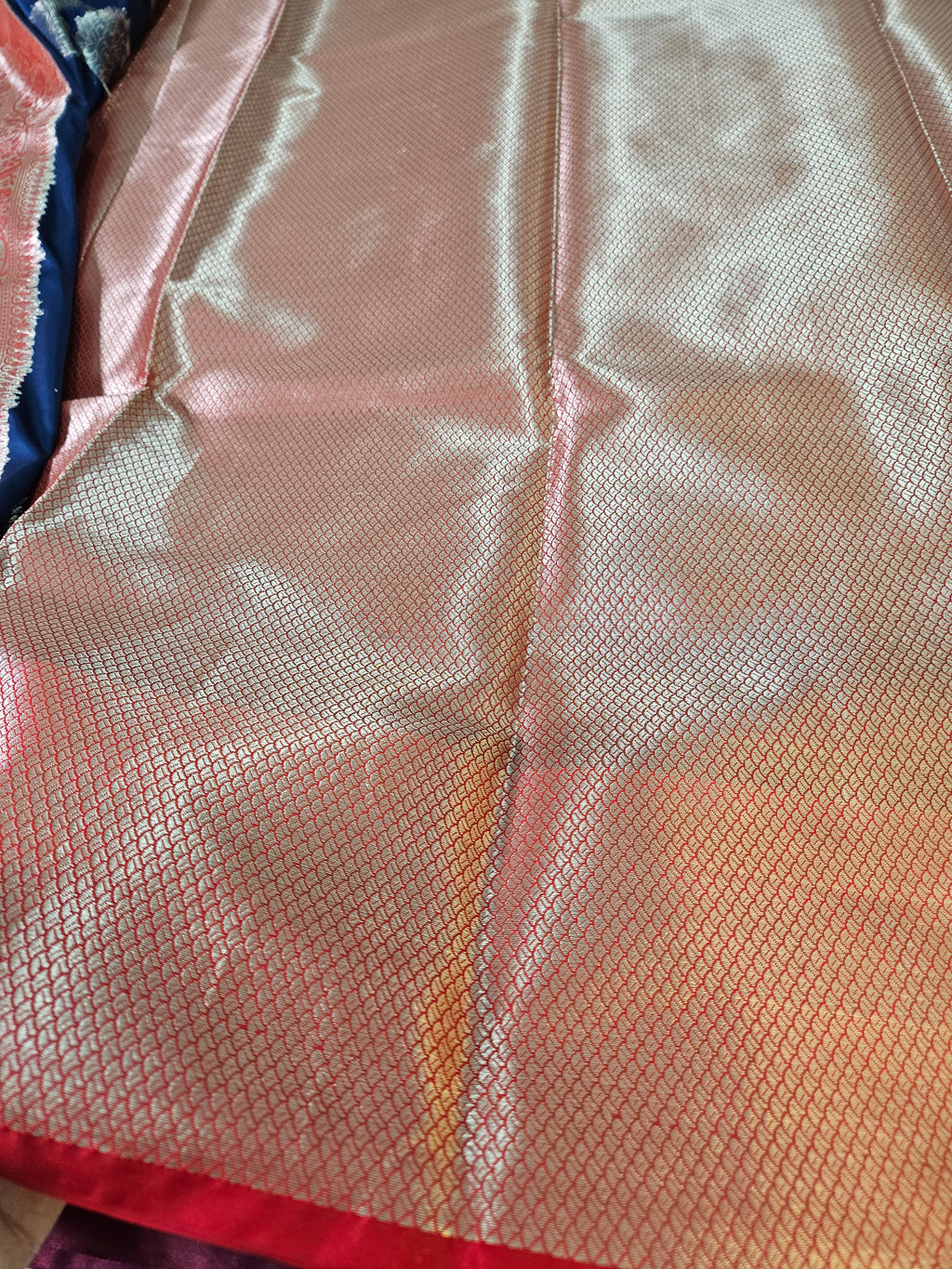 Blue and Red Contrast Banarasi Silk Buta Zari Border Saree