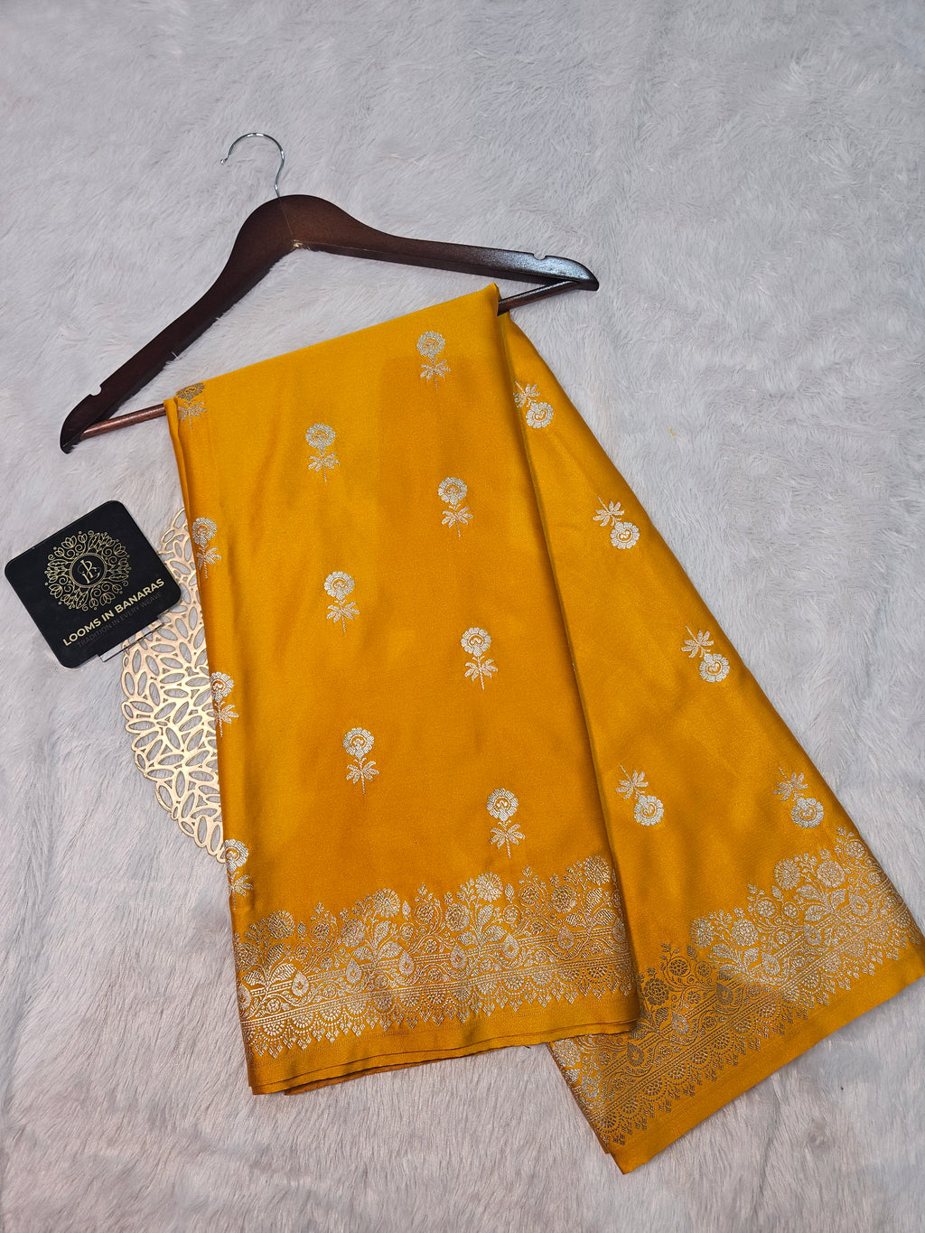 Gold Yellow Banarasi Mashru Silk Alfi Border Booti Saree