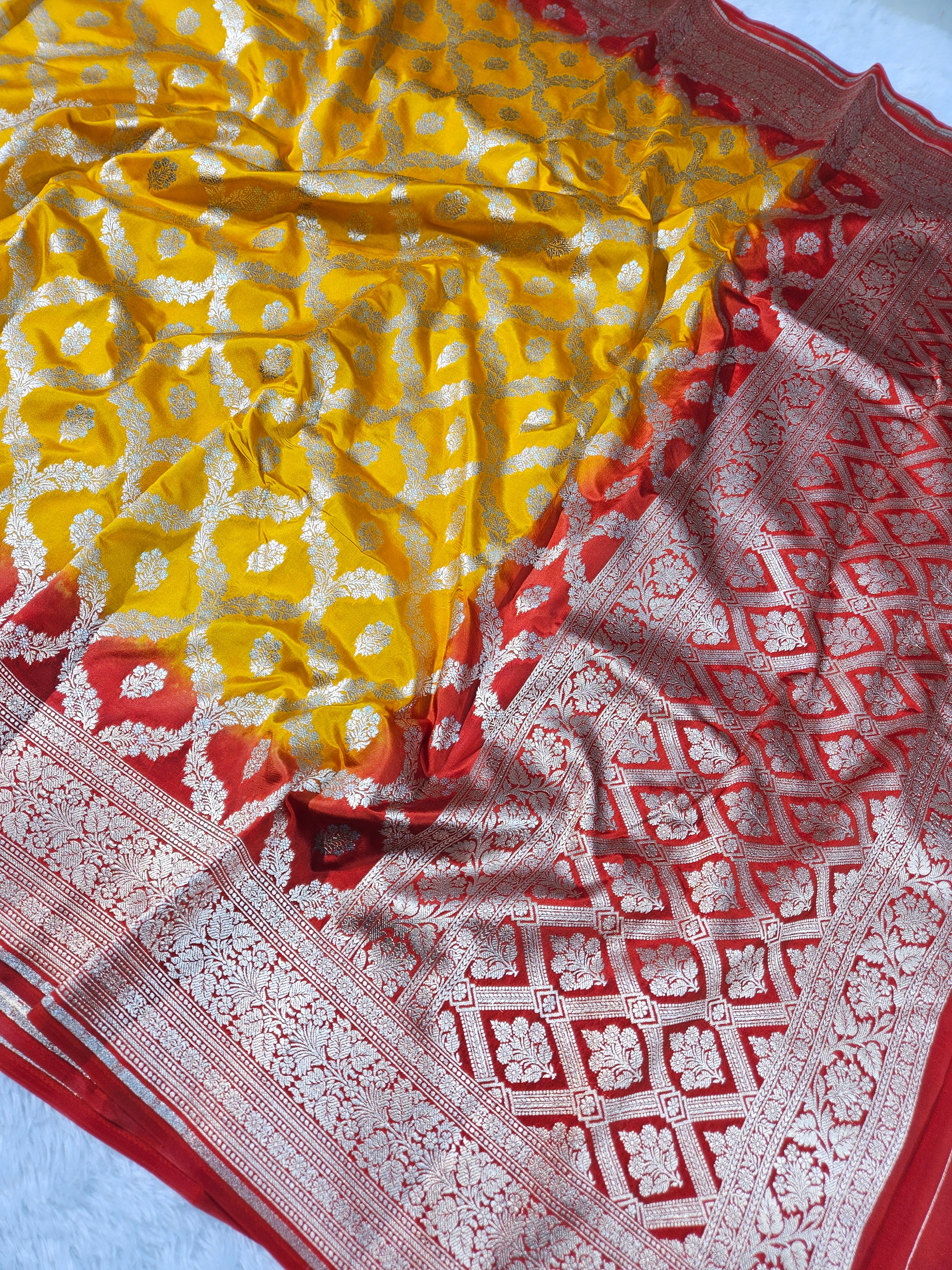 Yellow Gold and Red Contrast Raw Mango Silk Saree with a beautiful Jaal Design