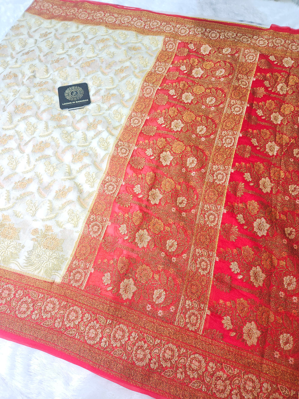 Banarasi Georgette White Contrast Red Saree with Gold Zari Jaal Design