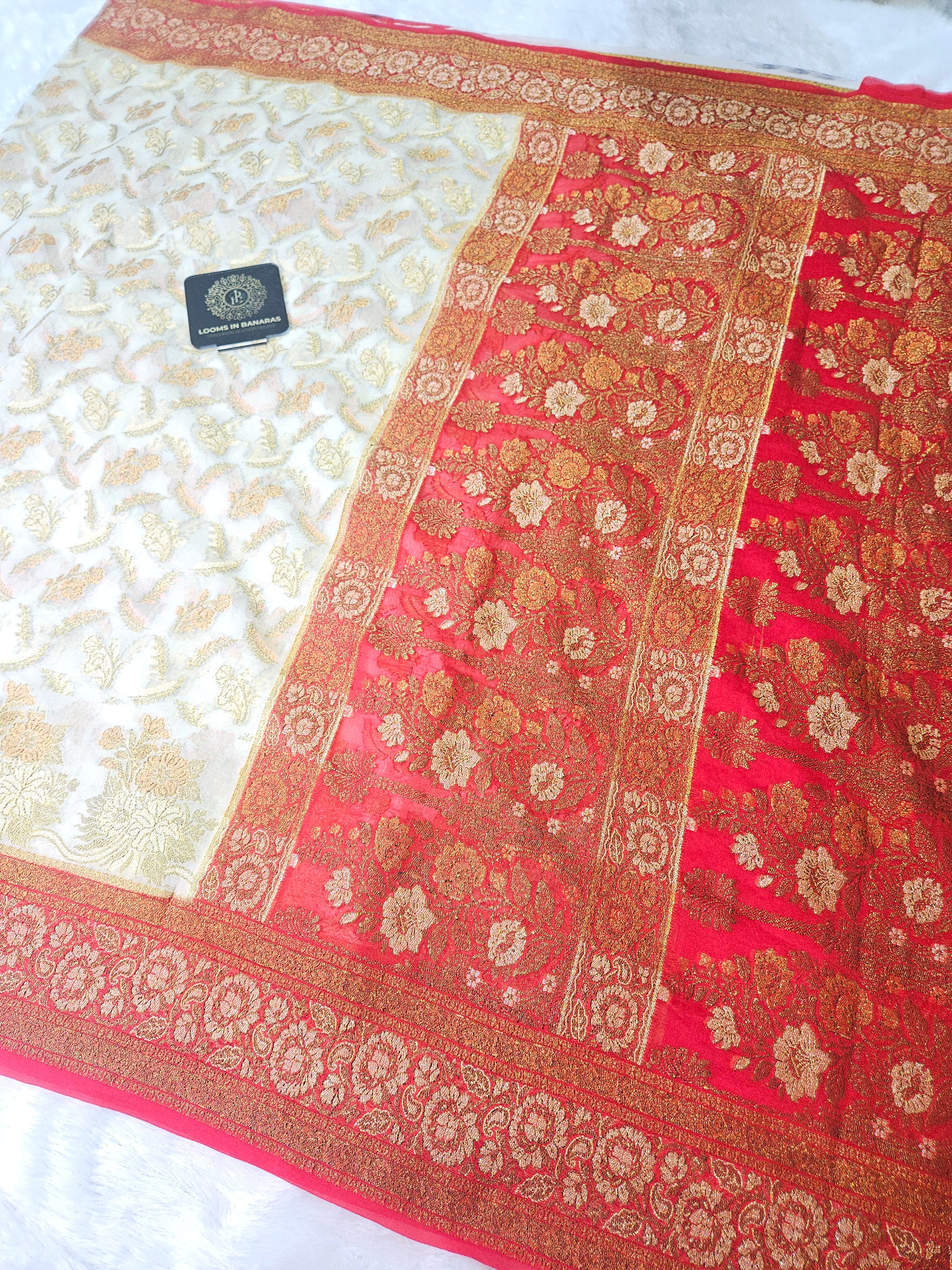Banarasi Georgette White Contrast Red Saree with Gold Zari Jaal Design