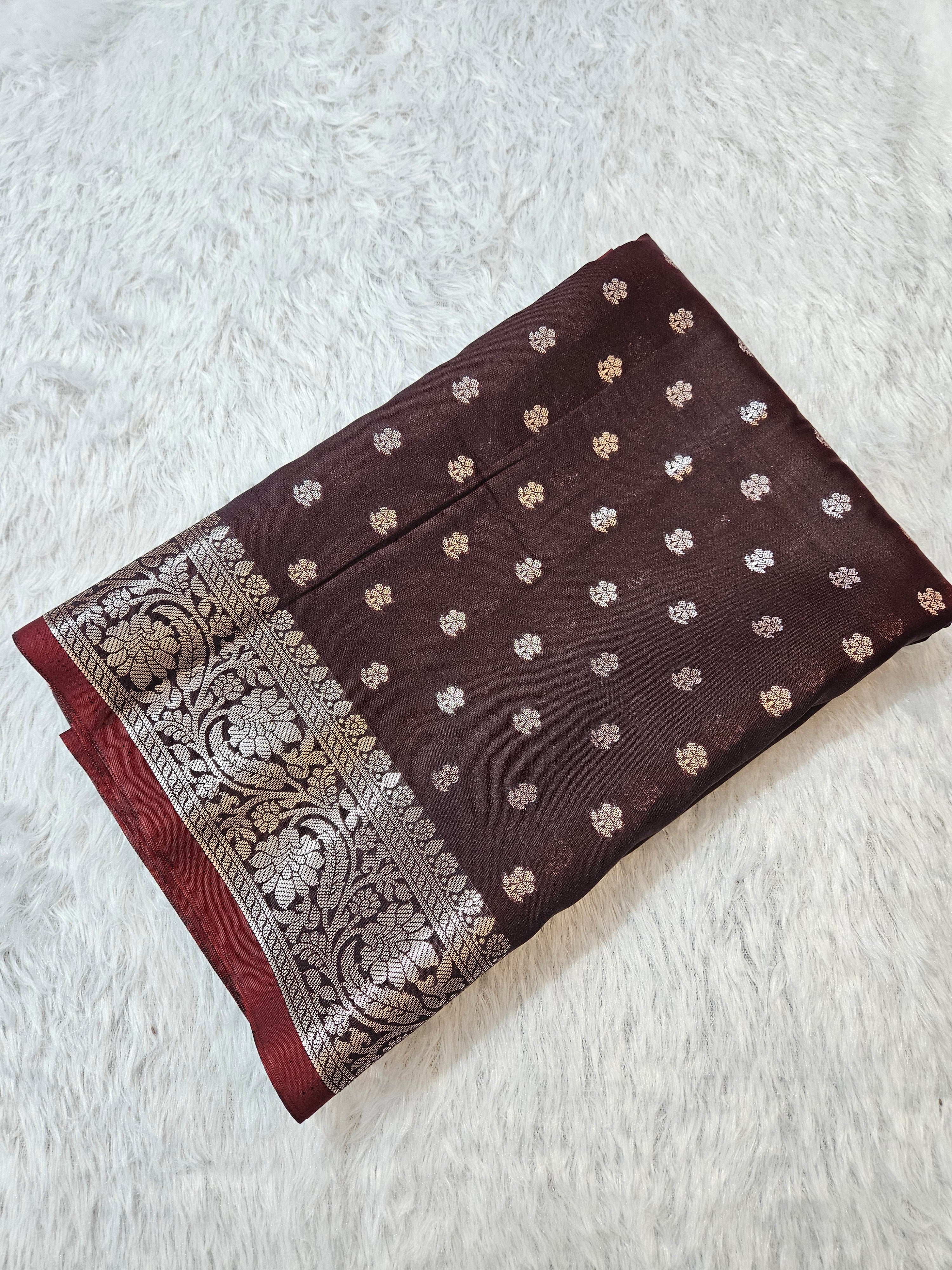 Banarasi Silk Brown Buti Zari Border Saree