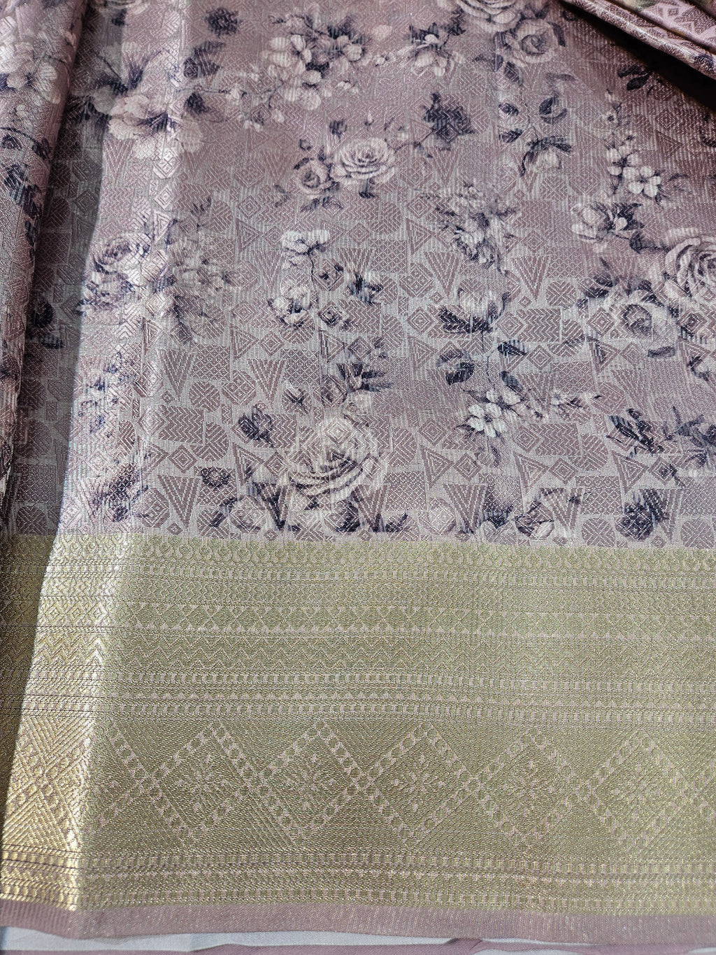 Rose Pink Banarasi Tanchui Digital Print Silk Saree with floral prints