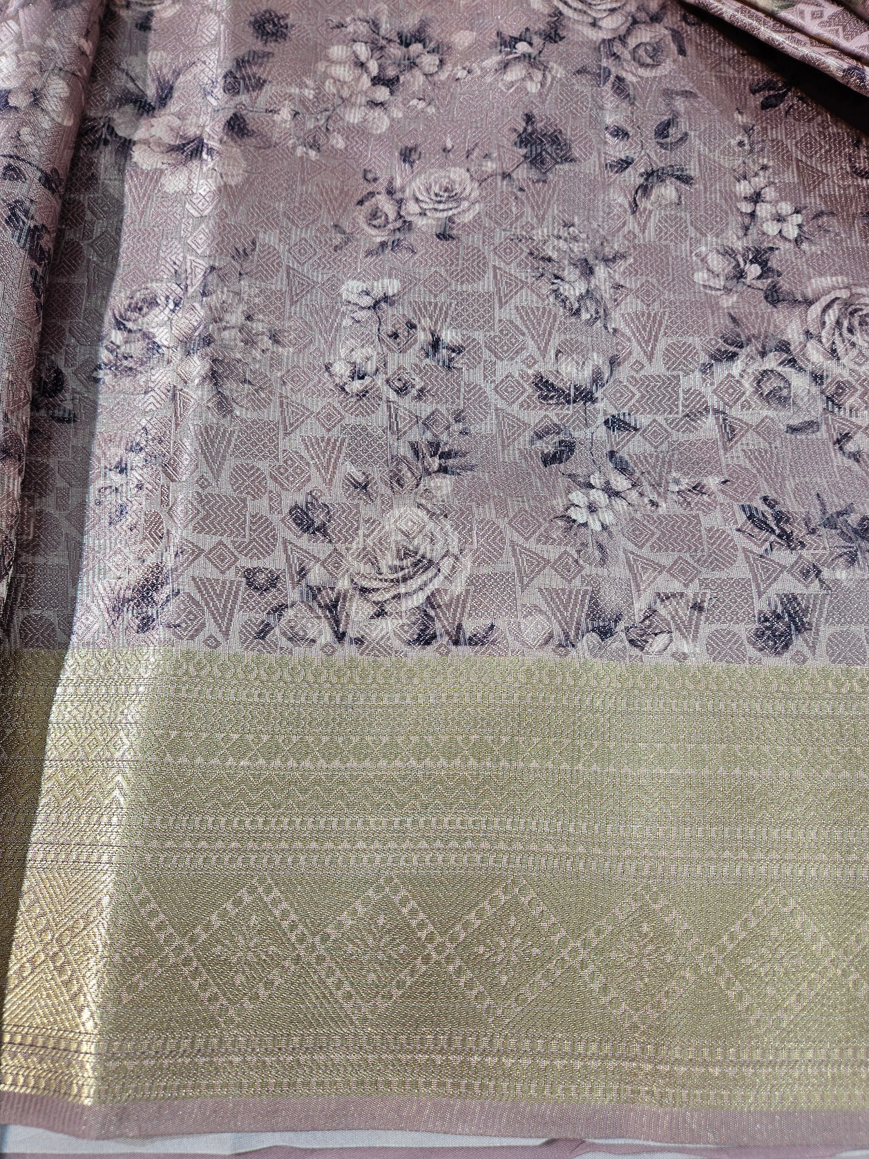 Rose Pink Banarasi Tanchui Digital Print Silk Saree with floral prints