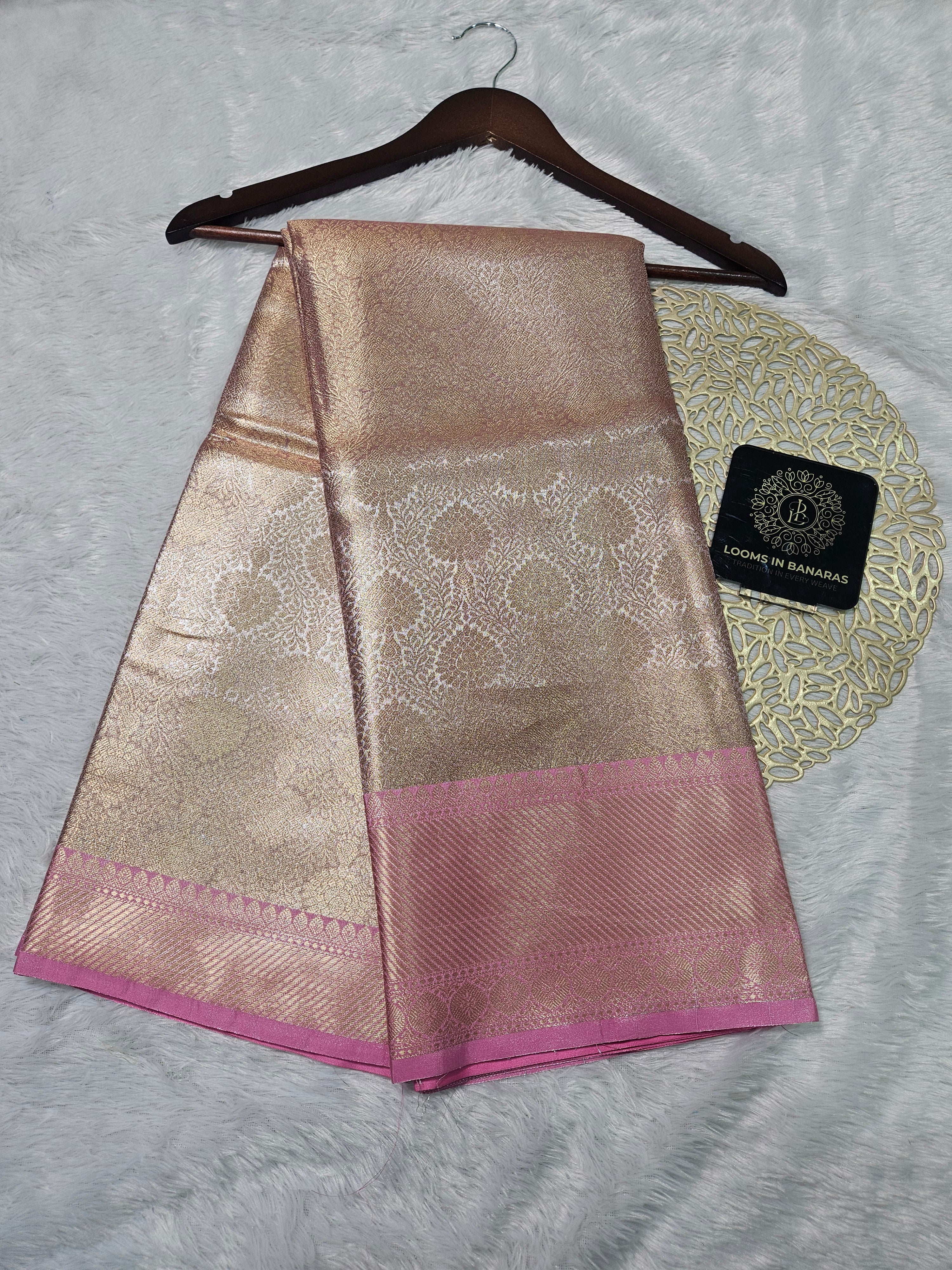 Rose Gold and Pink Contrast Banarasi Tissue Zari Brocade Design  Border Saree