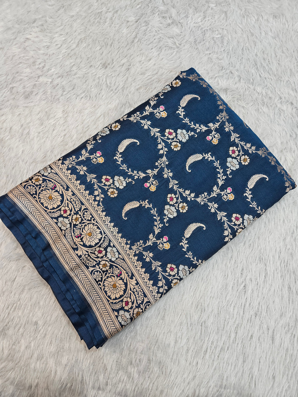 German Blue Mashru Silk Banarasi Border Tilfi Jangla Saree