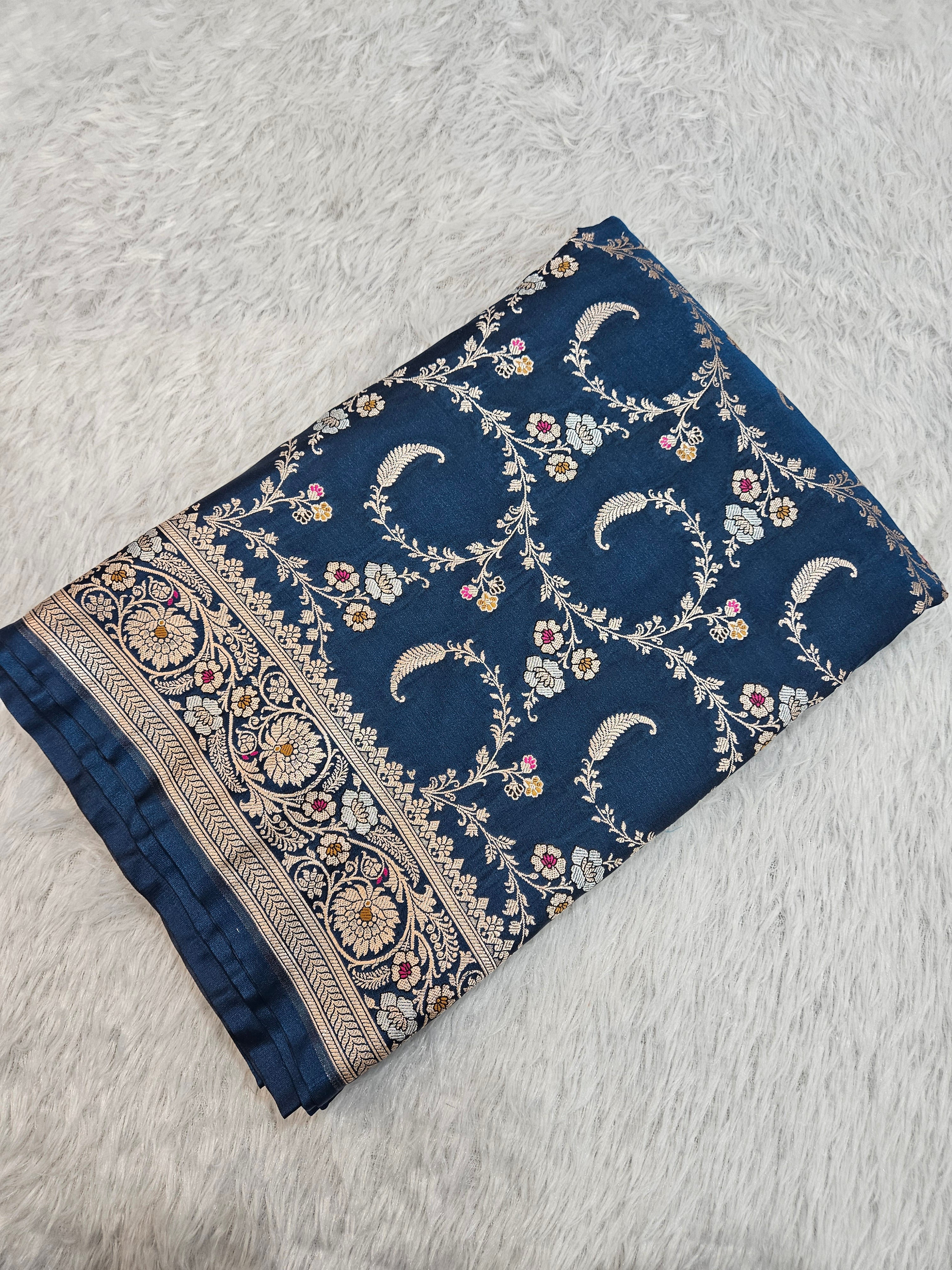 German Blue Mashru Silk Banarasi Border Tilfi Jangla Saree