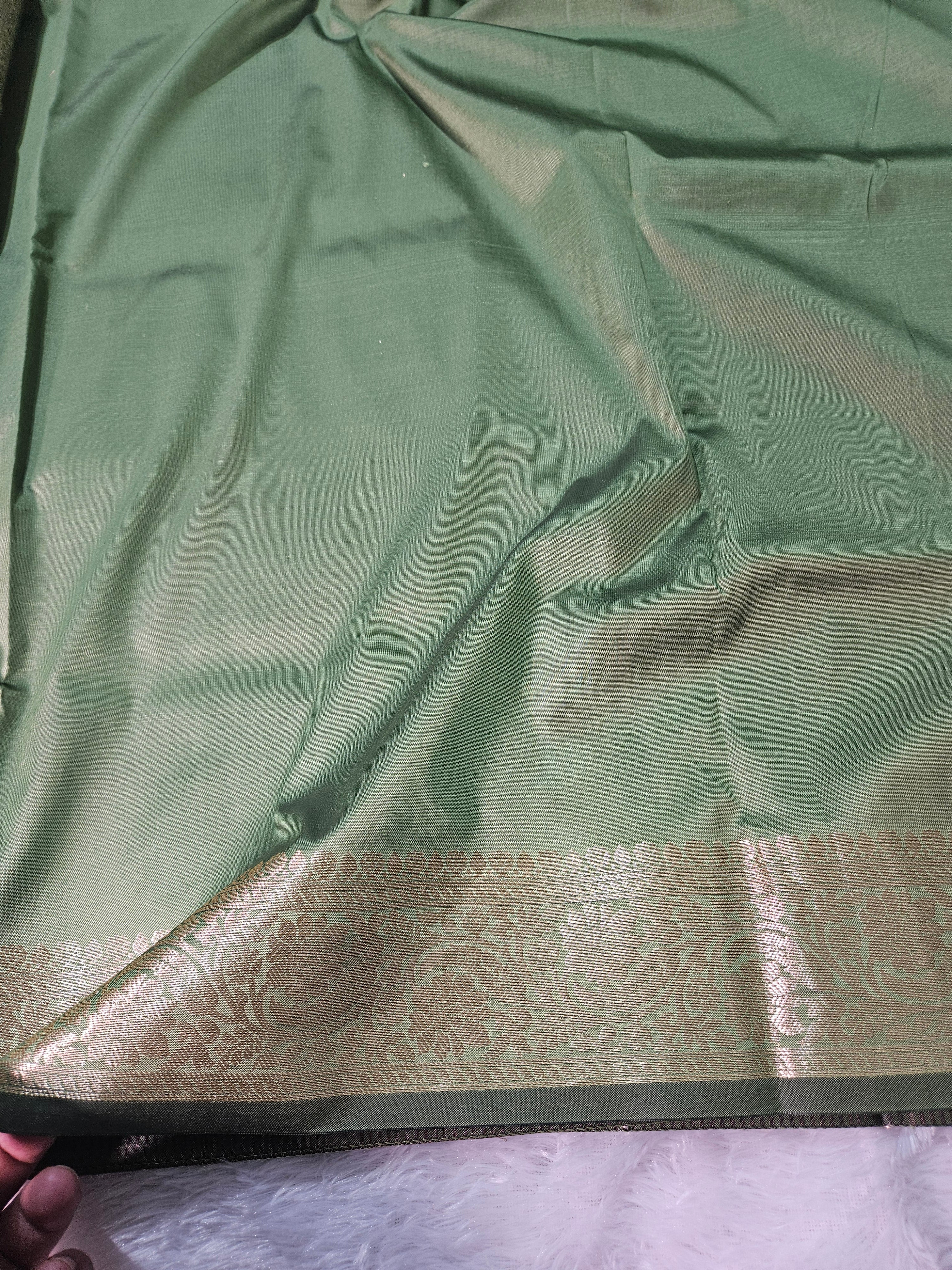 Mehndi Banarasi Soft Tissue Zari Stripe Design Saree