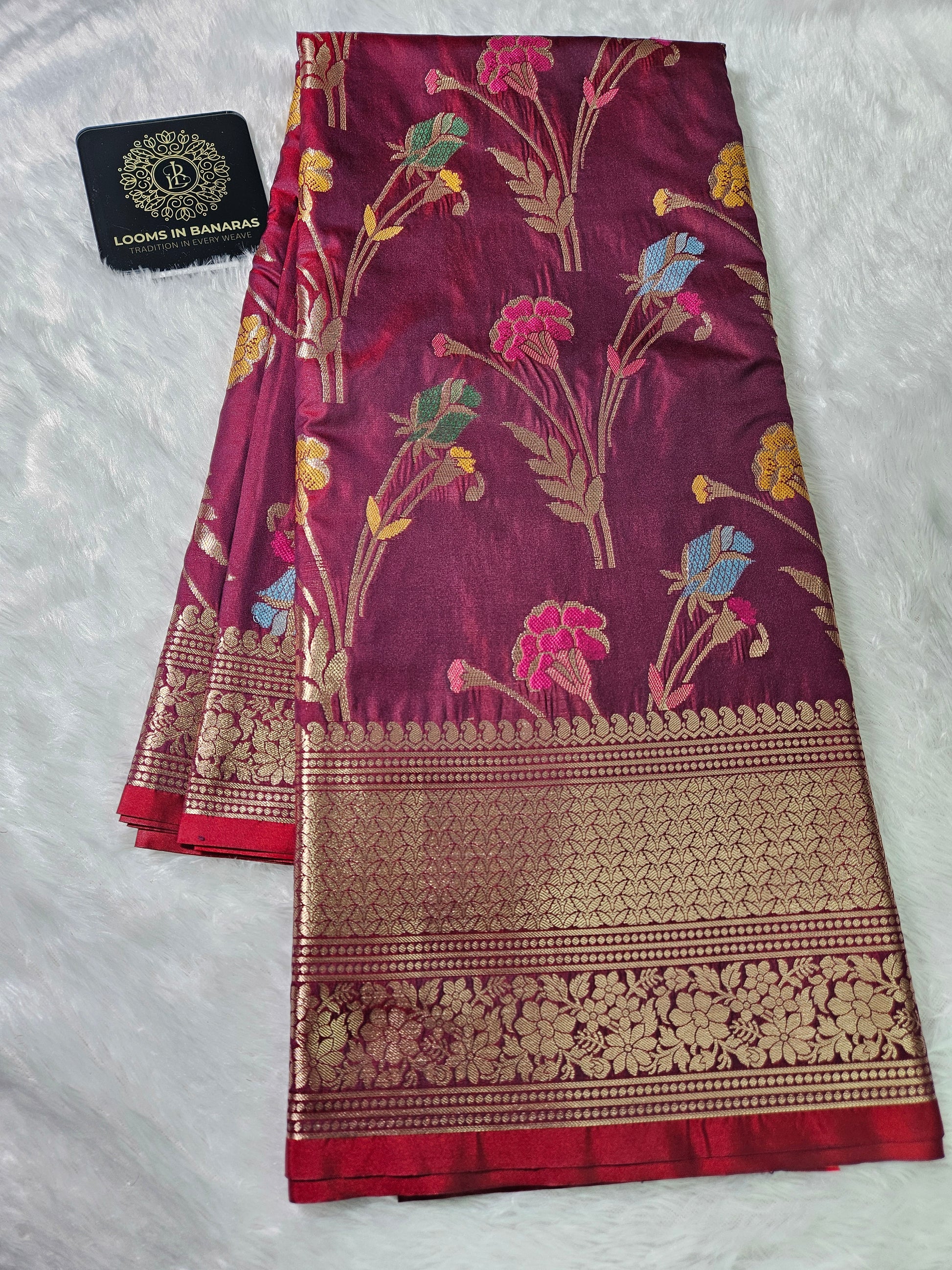Banarasi Maroon Katan Silk Tilfi Minakari Jaal Design Saree
