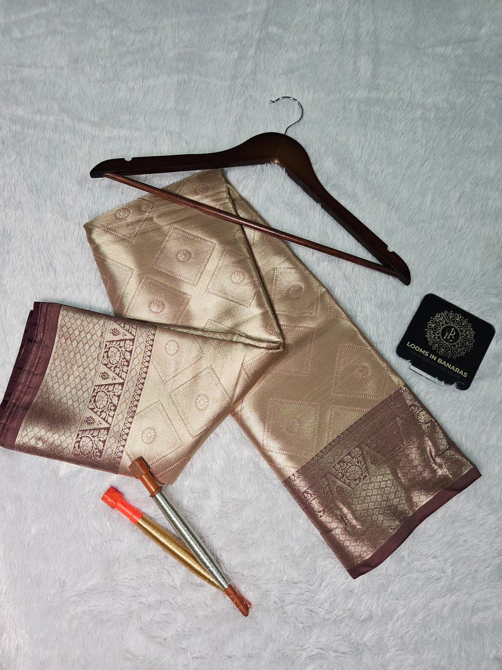 Beige Gold Banarasi Soft Tissue Zari Brocade Design Saree Contrast