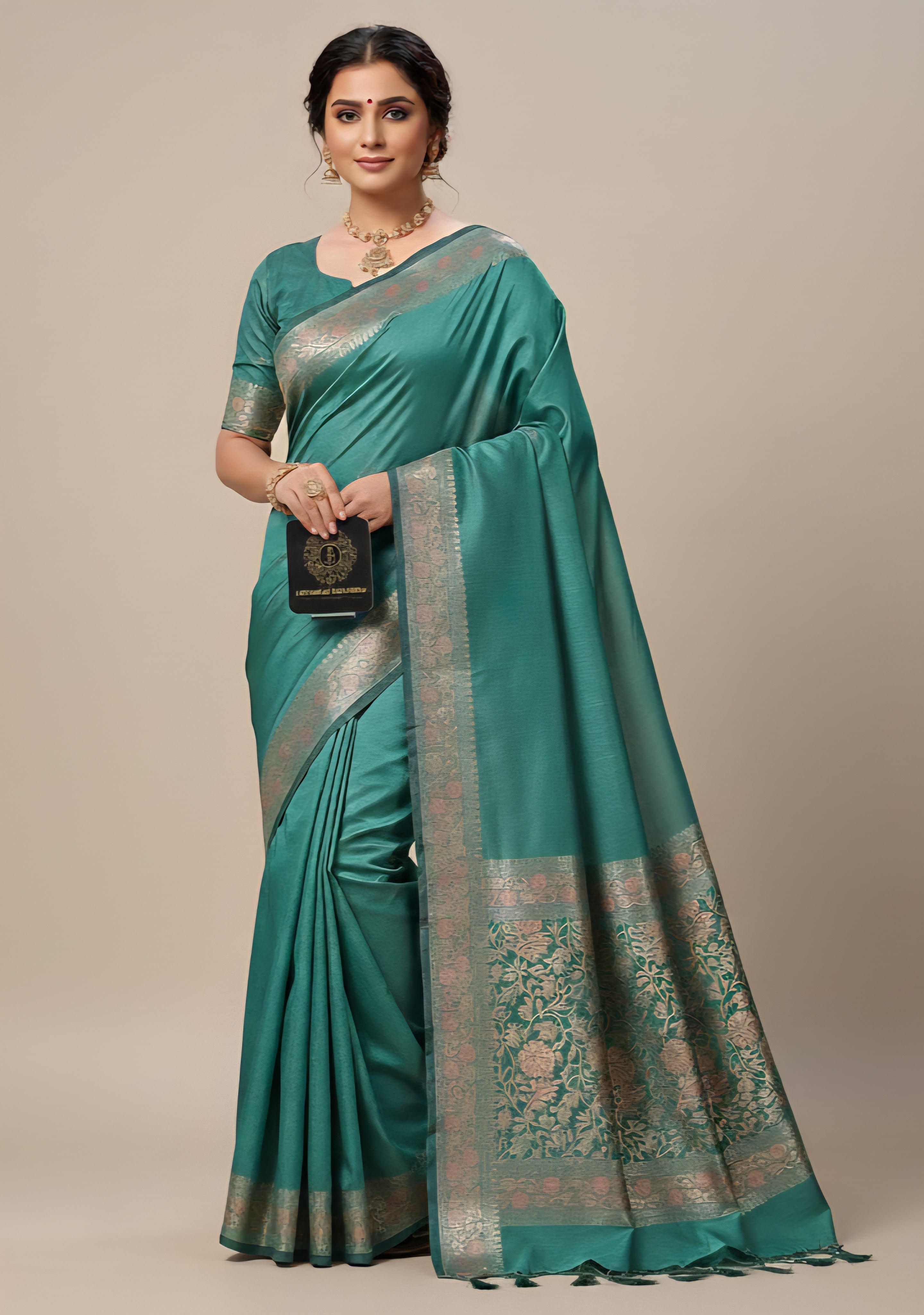 Rama Green Banarasi Plain Saree Alfi Zari Aanchal Border Design