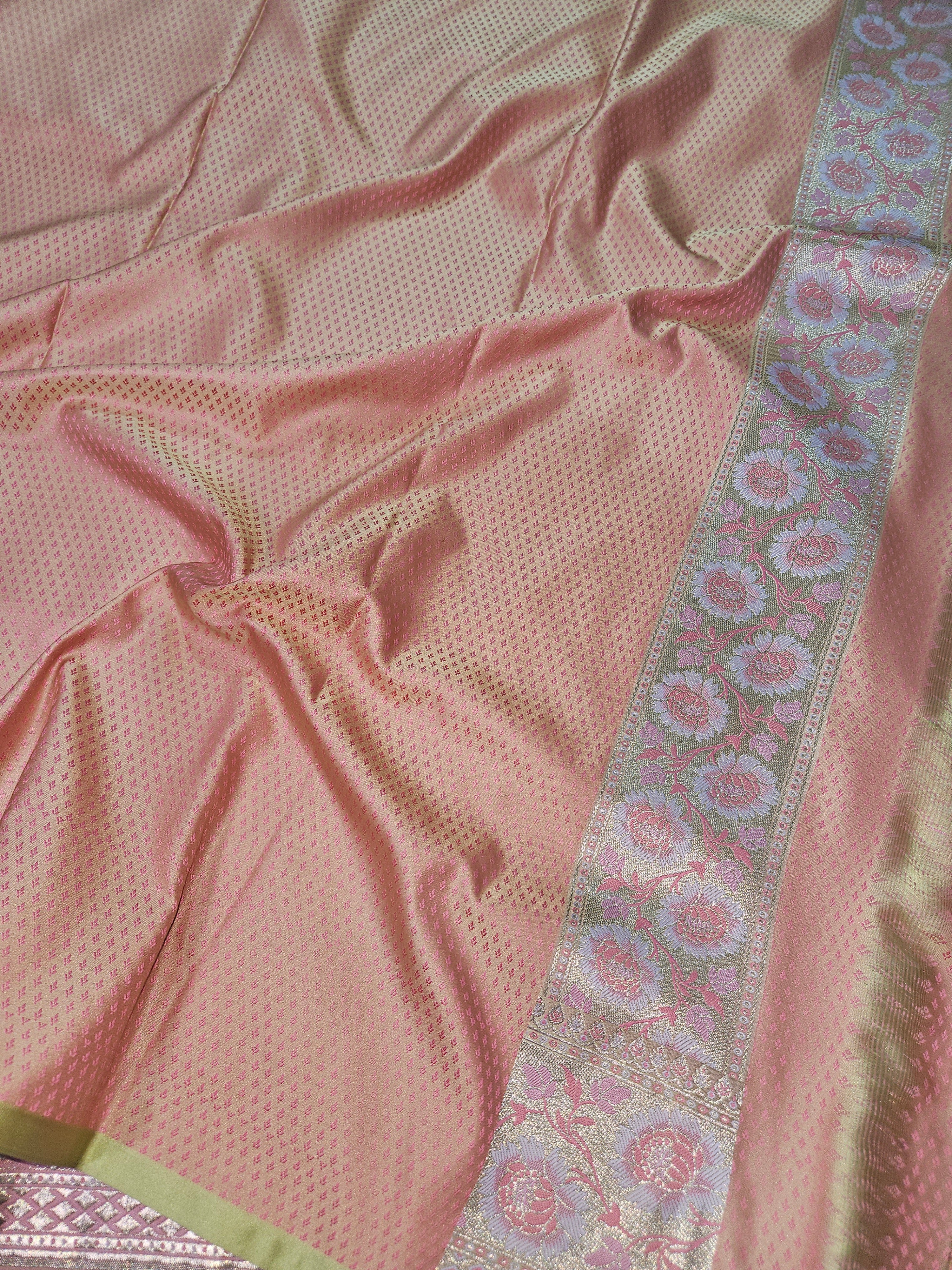 Cream Banarasi Jamewar Satin Silk Saree with Pink Multi Mina.