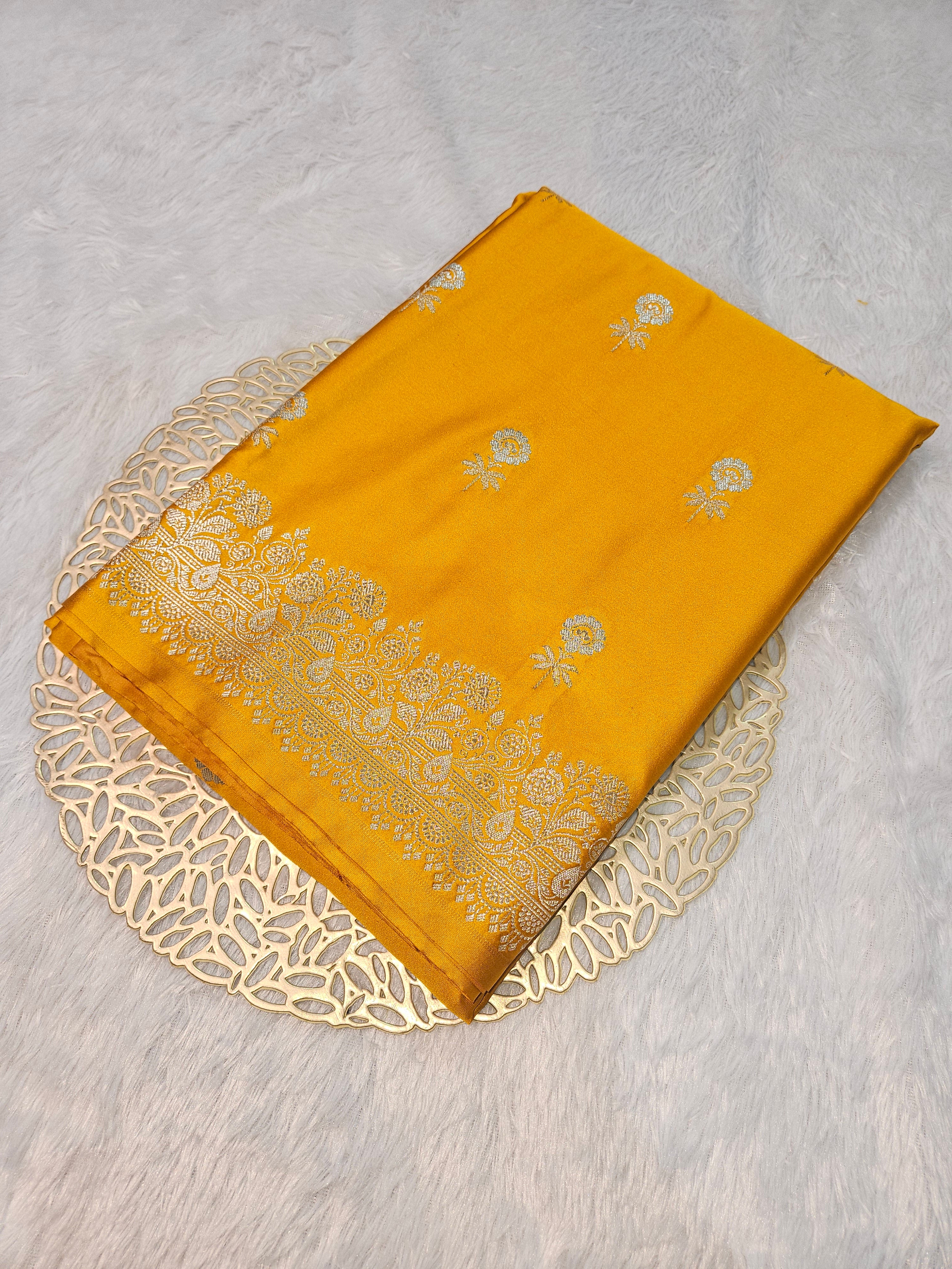 Gold Yellow Banarasi Mashru Silk Alfi Border Booti Saree