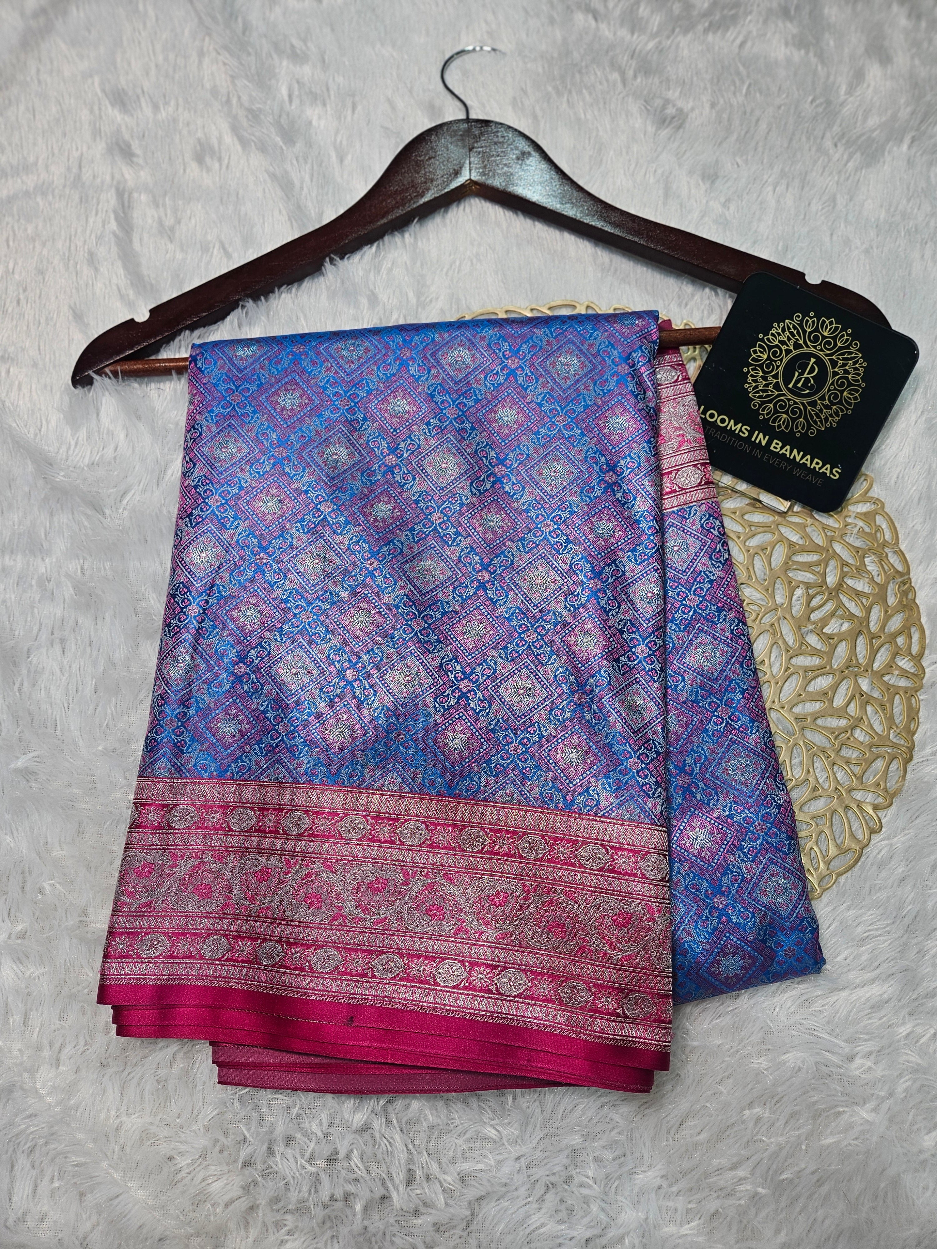 Blue and Rani Contrast Banarasi Jamewar Katan Satin Silk Saree with Multi Minakari