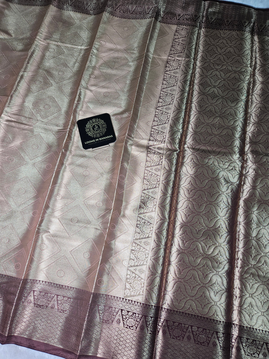 Beige Gold Banarasi Soft Tissue Zari Brocade Design Saree Contrast