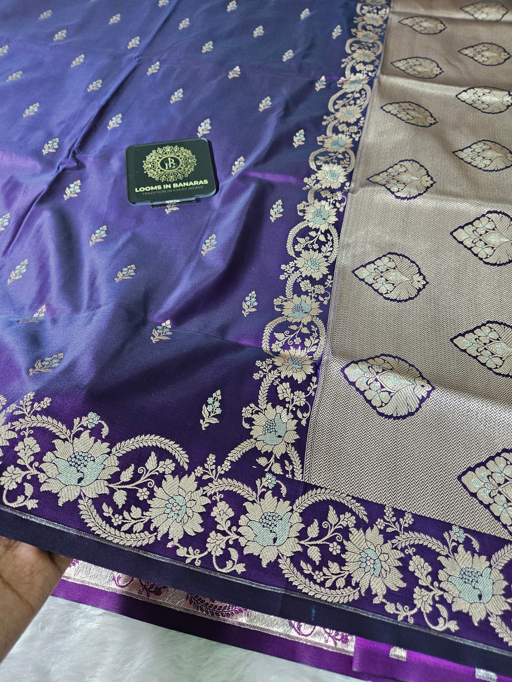 Banarasi Purple Green Mashru Silk Banarasi Alfi Border Booti Saree