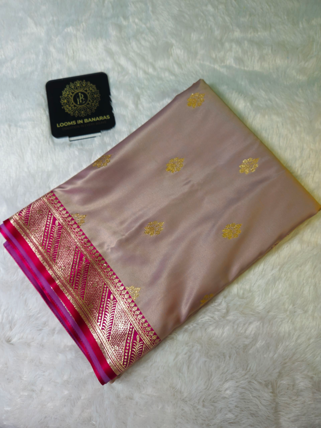 Banarasi Mauve Pink And Rani Contrast Mashru Silk Banarasi Border Booti Saree