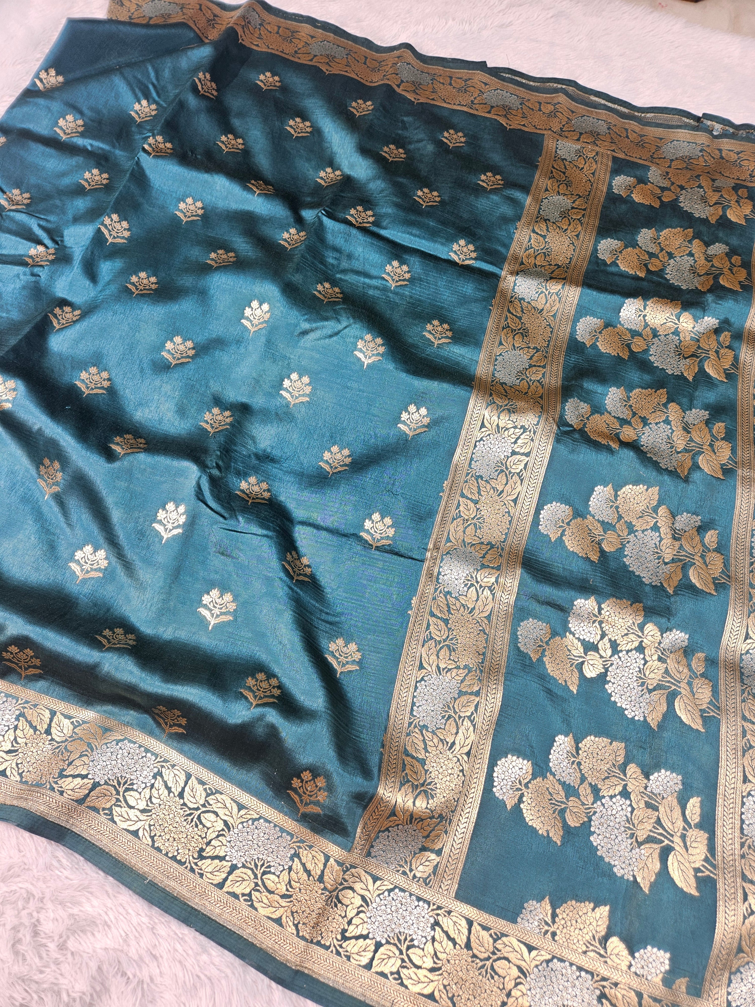 Dusty Rama Green Banarasi Viscose Silk Saree Buti Design