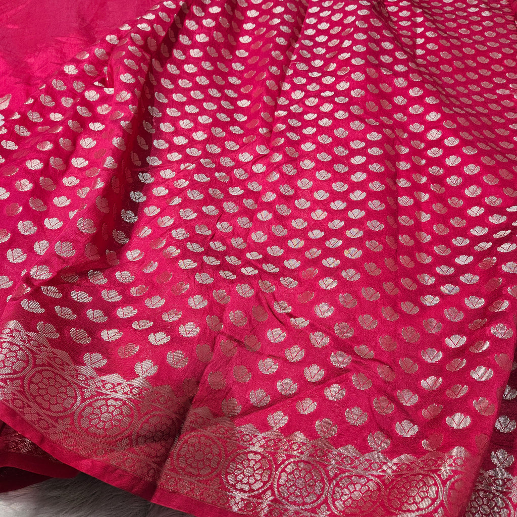 Rani Pink Banarasi Viscose Silk Saree Geometric Buta with Zari Border