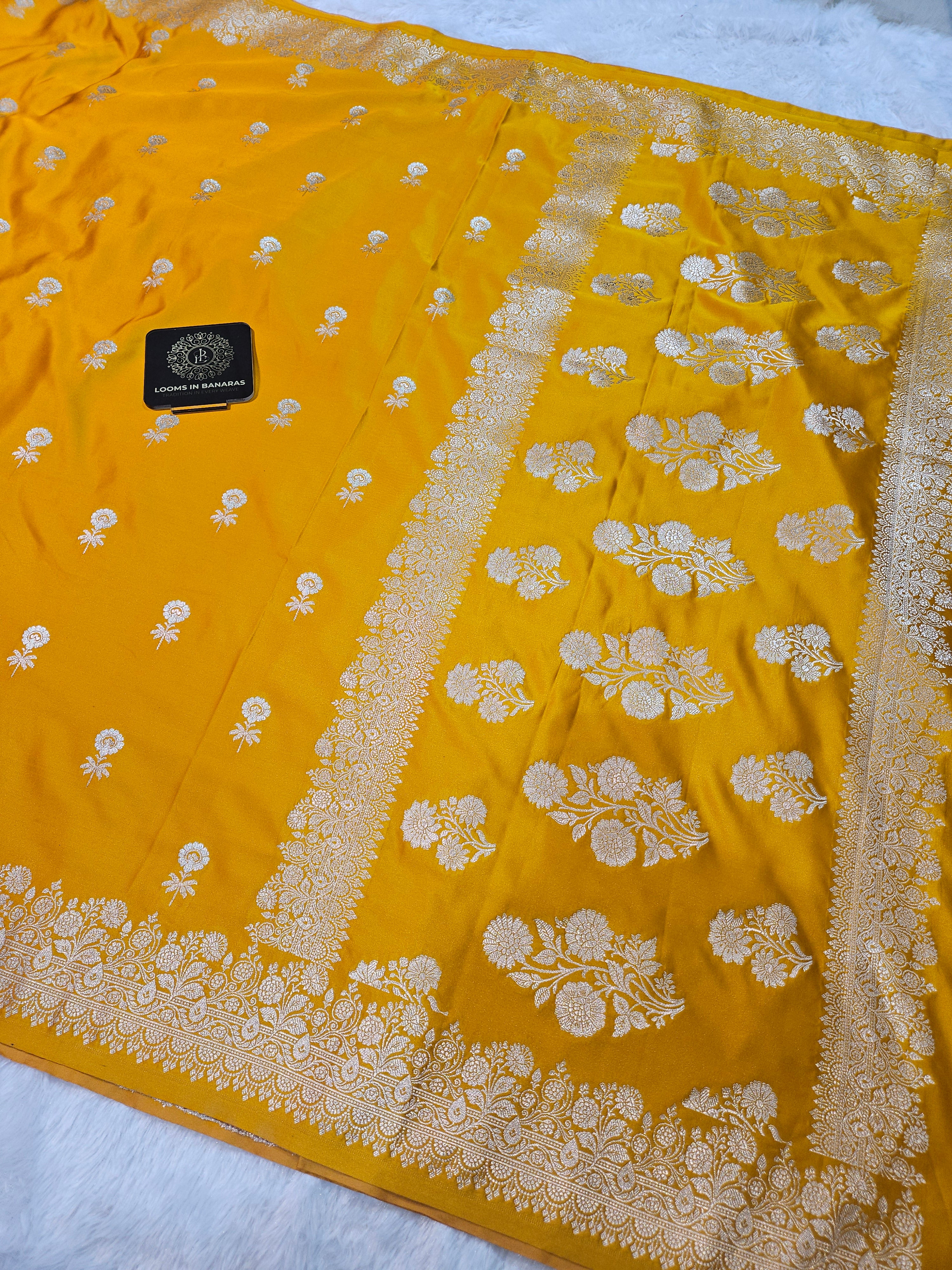 Gold Yellow Banarasi Mashru Silk Alfi Border Booti Saree