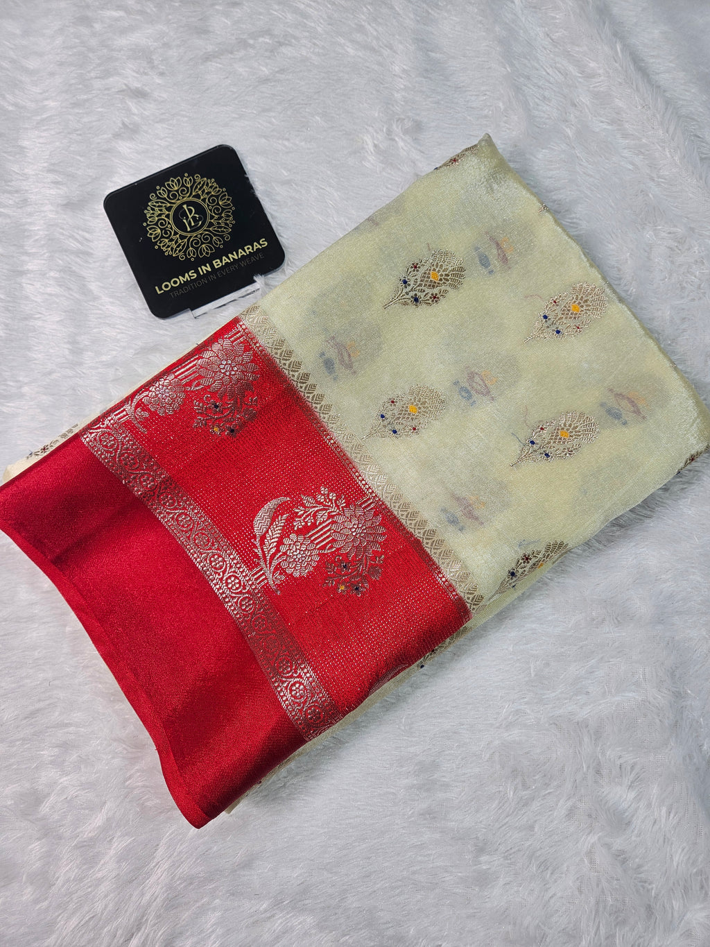 Banarasi Off White and Red contrast Viscose Silk Fancy Border Booti Saree