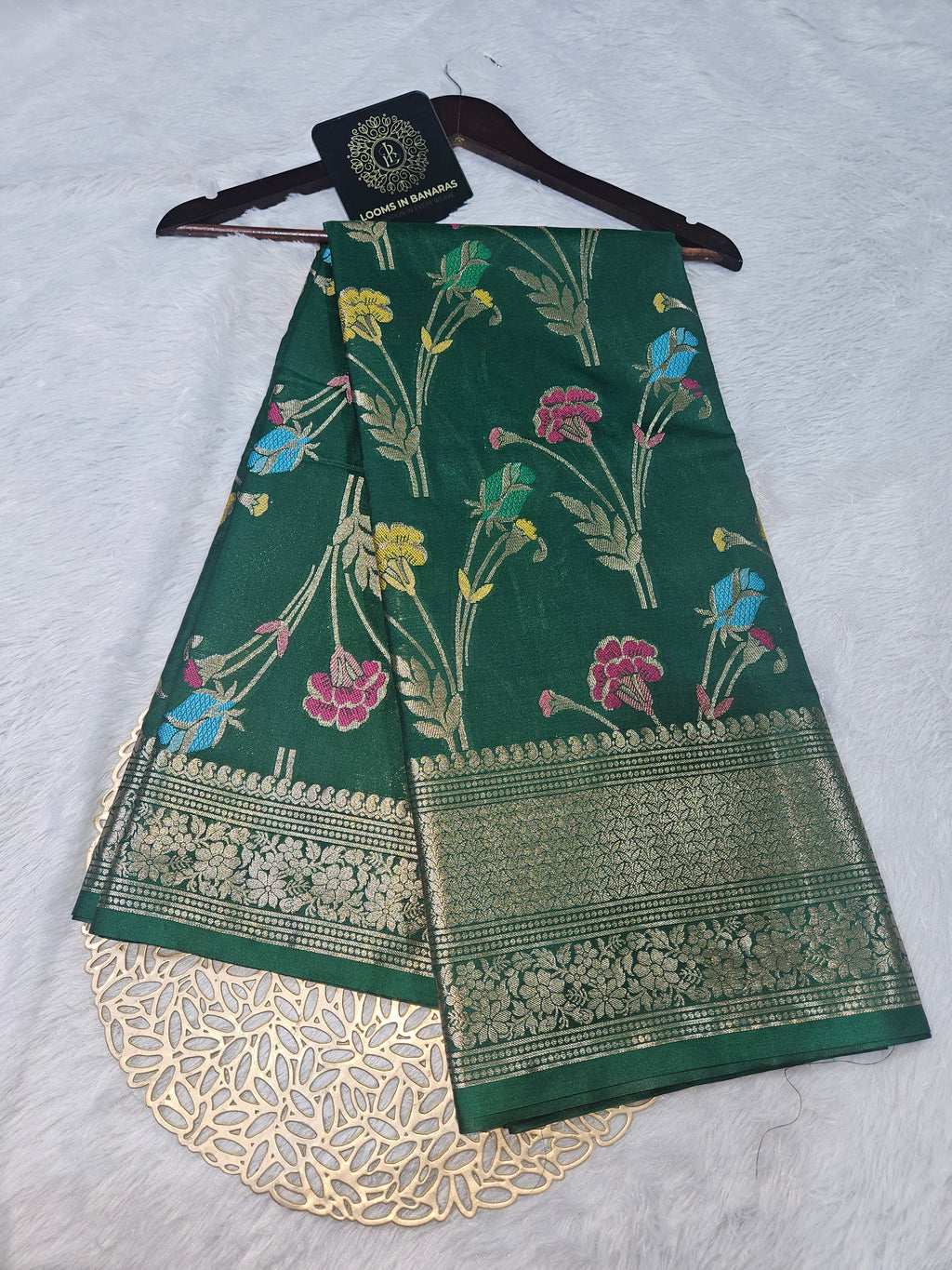 Banarasi Green Katan Silk Tilfi Minakari Jaal Design Saree