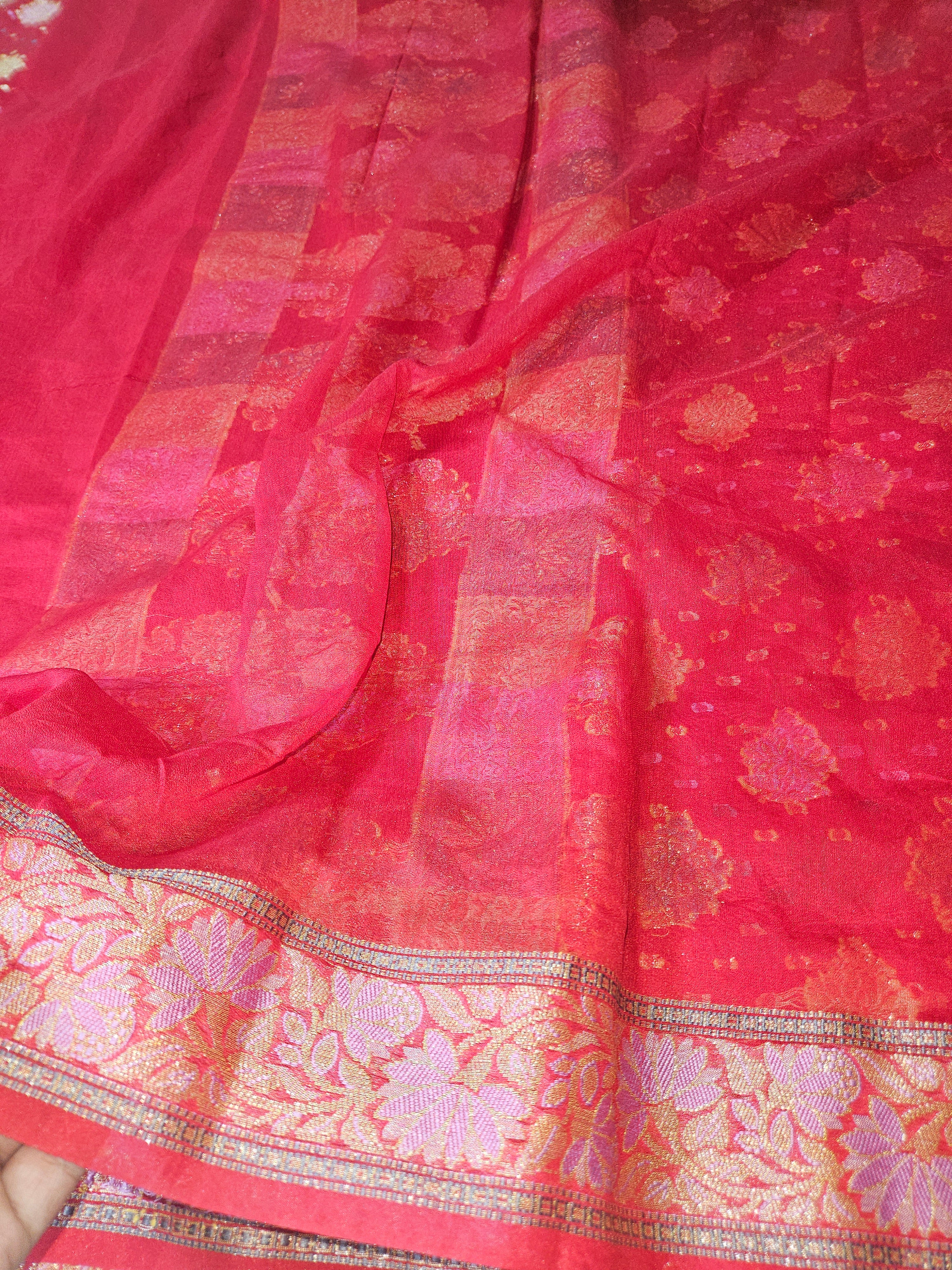 Banarasi Crepe Georgette Red Saree with Gold Zari Buta Design