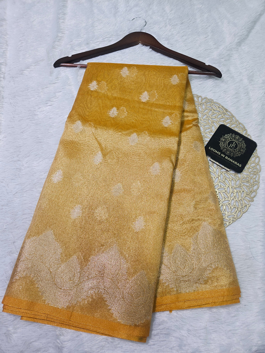 Mustar Yellow Banarasi Tissue Zari Buti Design Scallop Border Saree