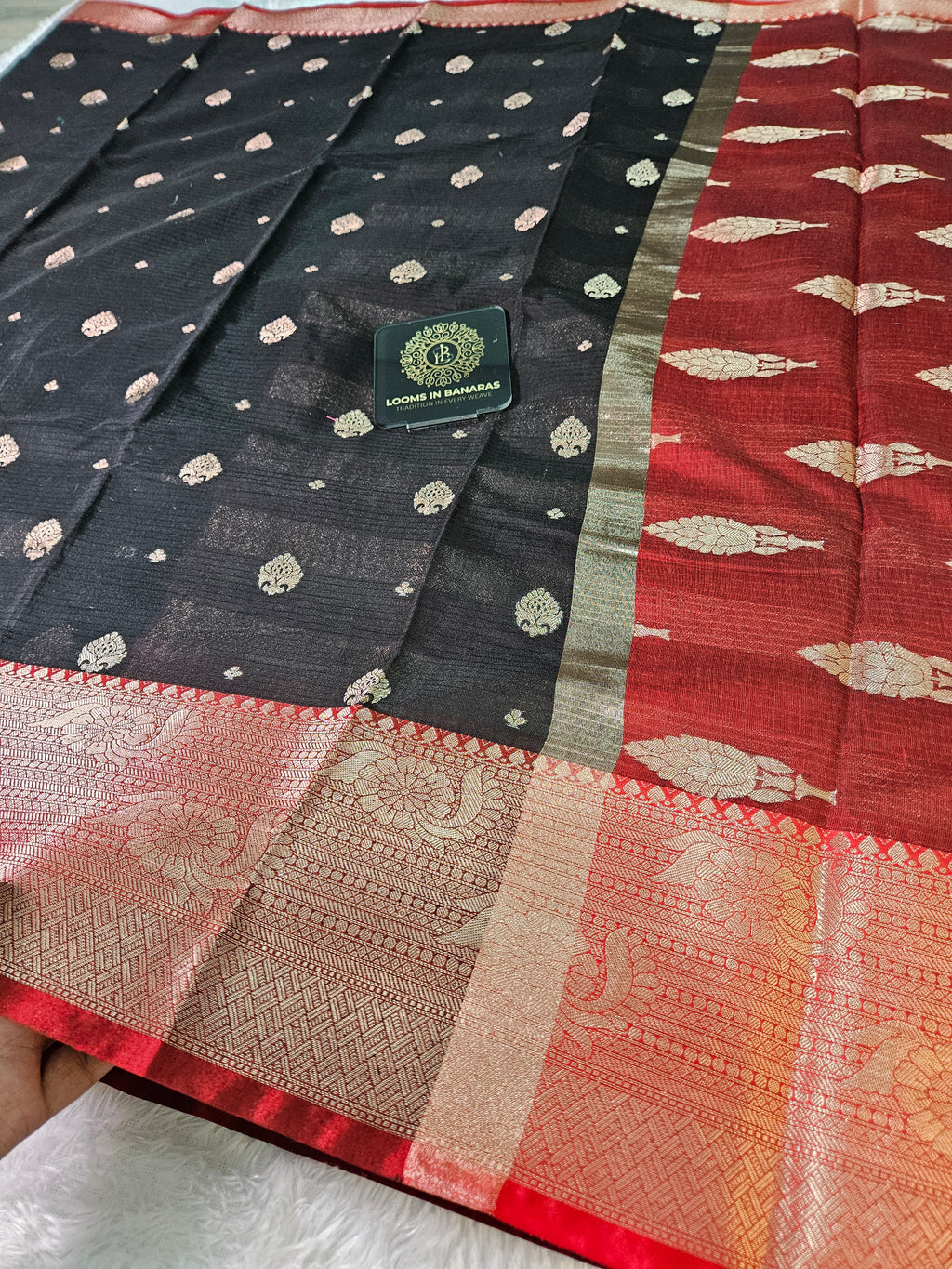 Black and Red Contrast Banarasi Cotton Zari Border Boota Saree