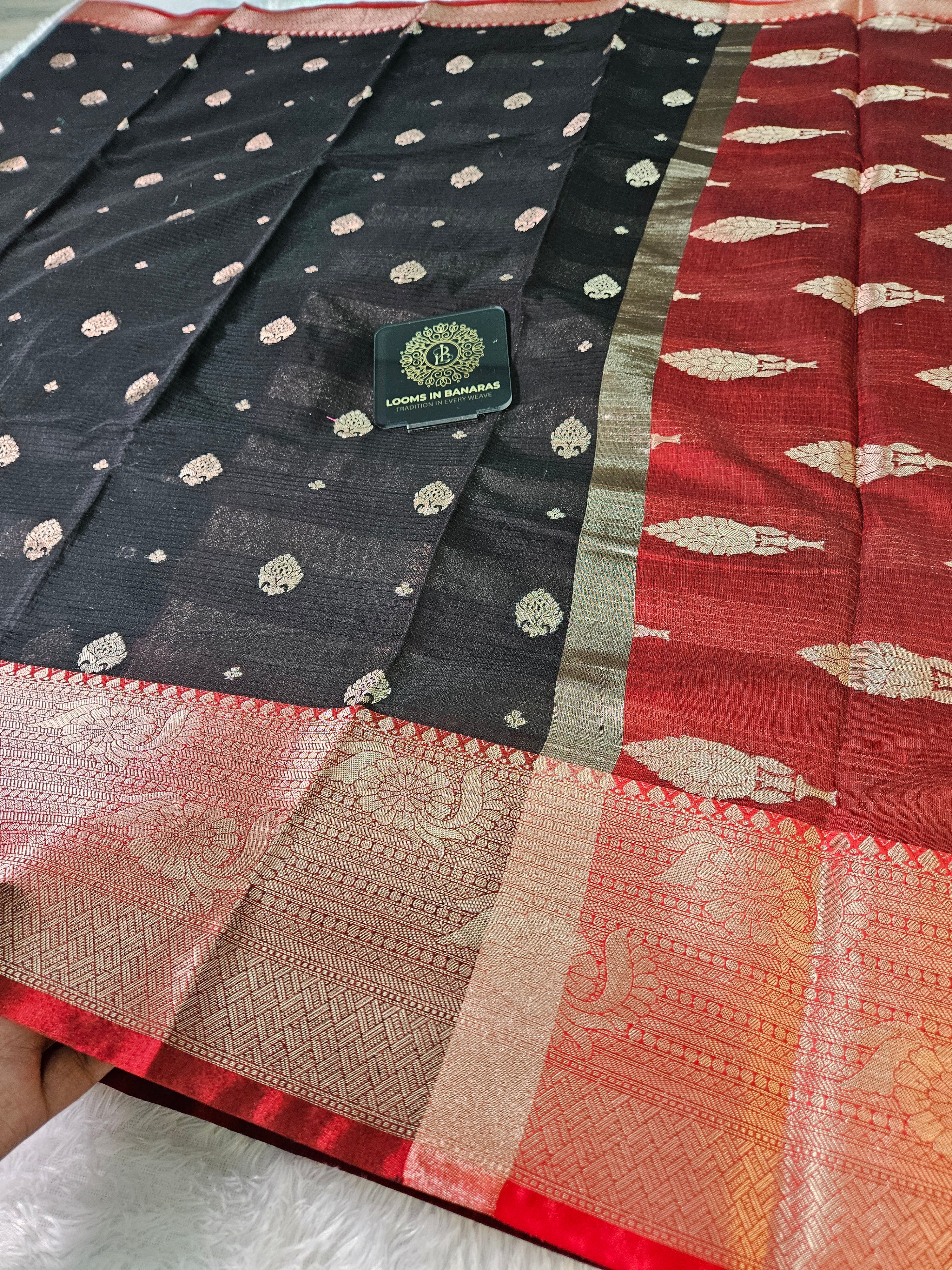Black and Red Contrast Banarasi Cotton Zari Border Boota Saree