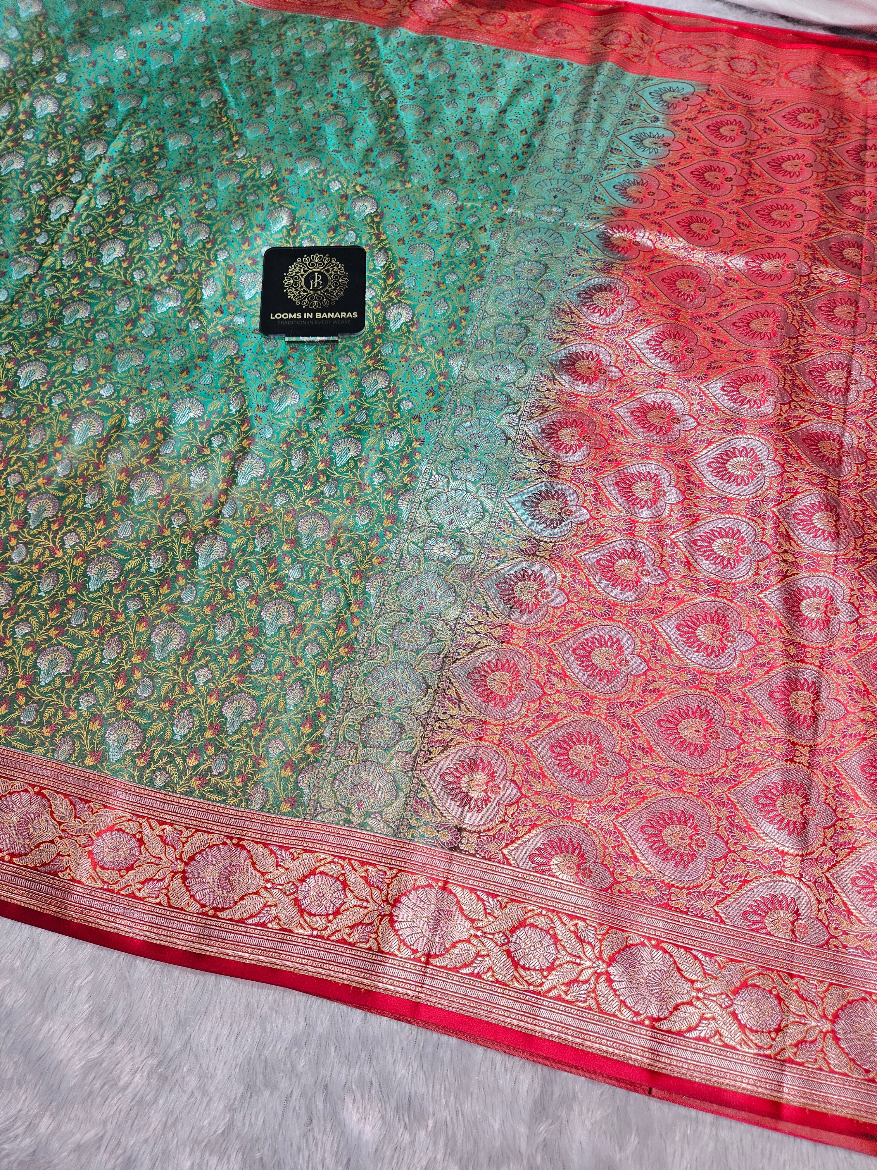 Sea Green and Red Contrast Banarasi Jamewar Katan Satin Silk Saree with Multi Minakari