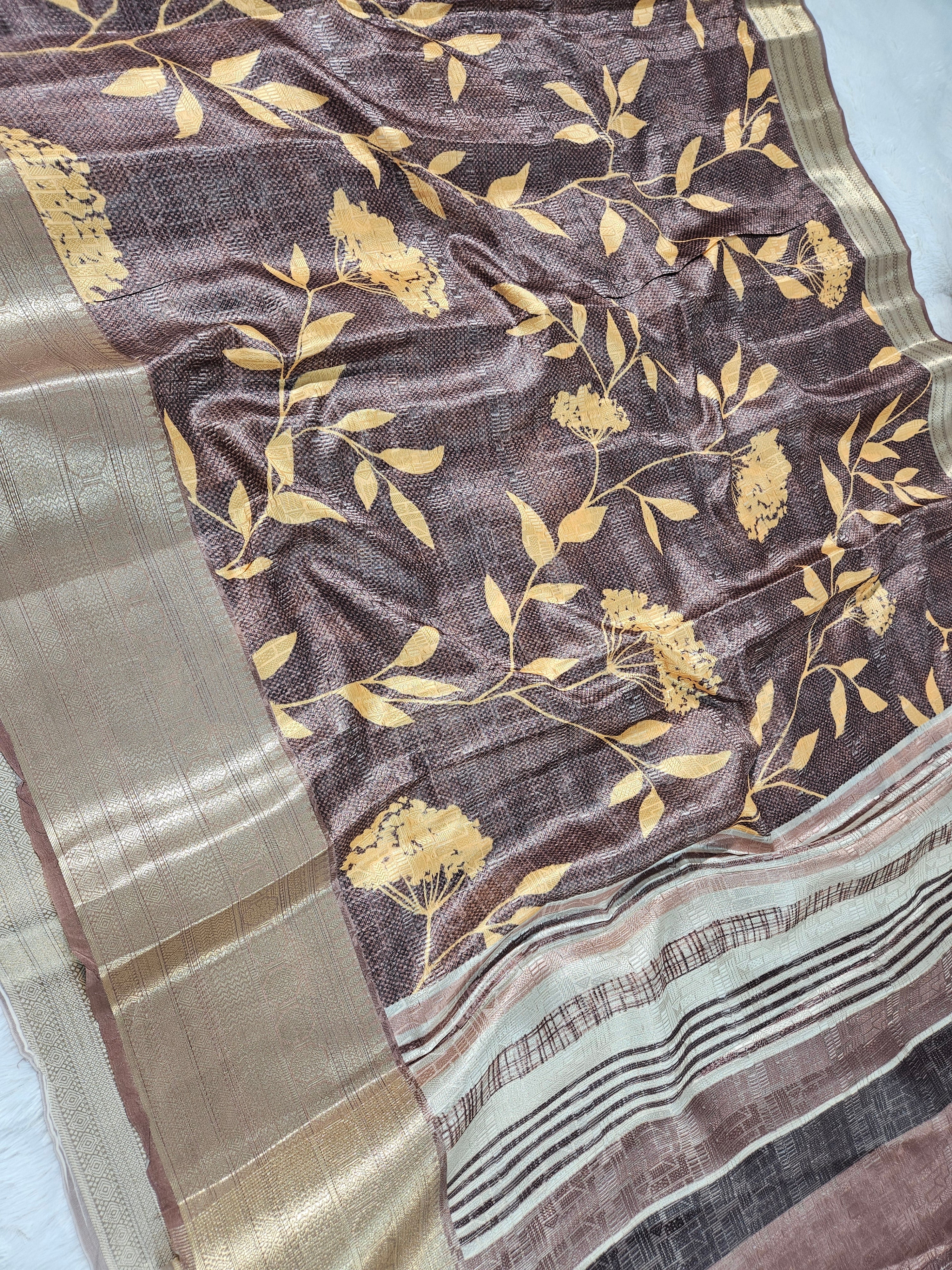 Coffee Brown Banarasi Tanchui Digital Print Silk Saree with floral prints
