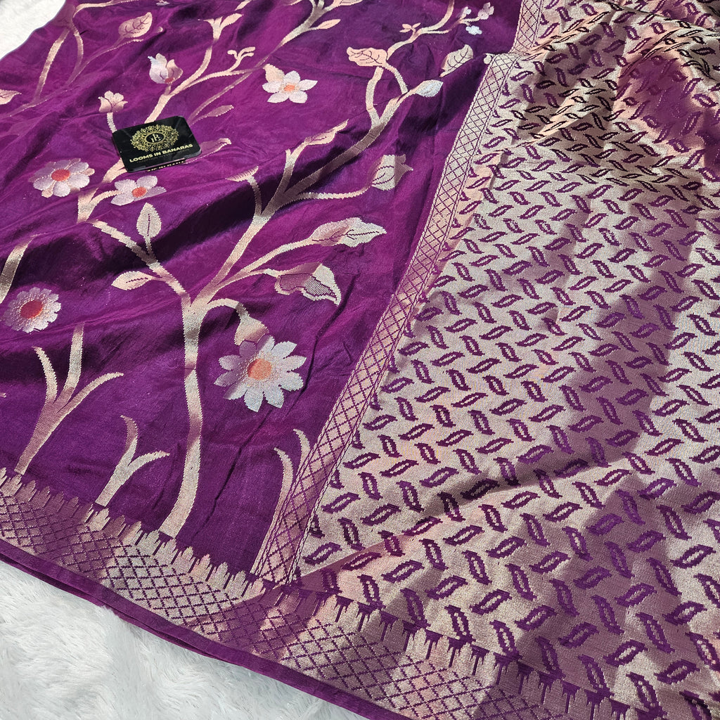 Indigo Banarasi Viscose Silk Saree Floral Jaal with Small border