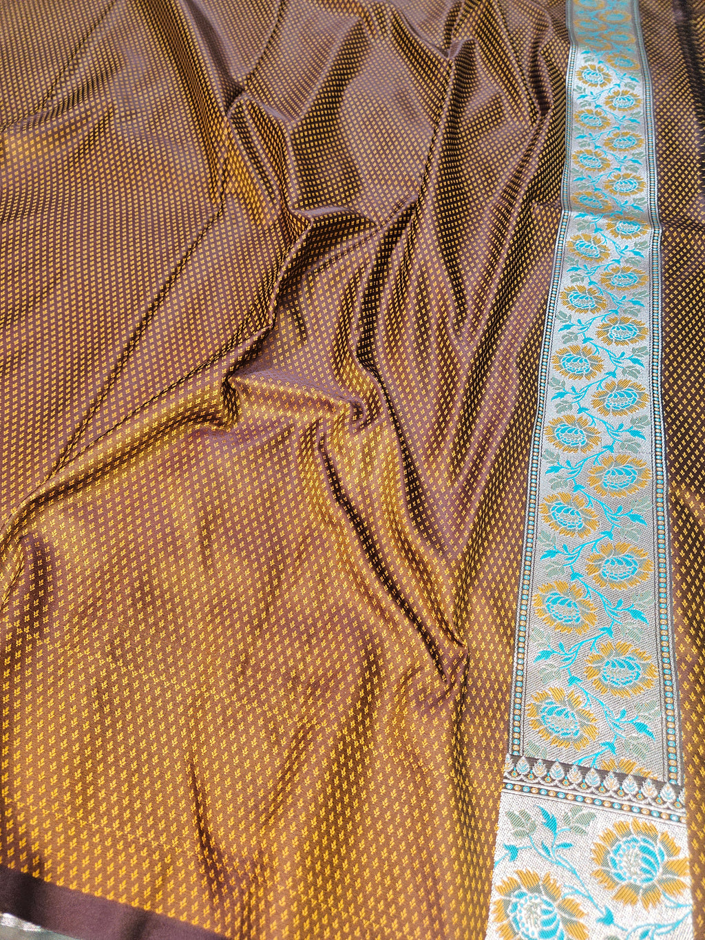 Brown Banarasi Jamewar Satin Silk Saree with Green Multi Mina.