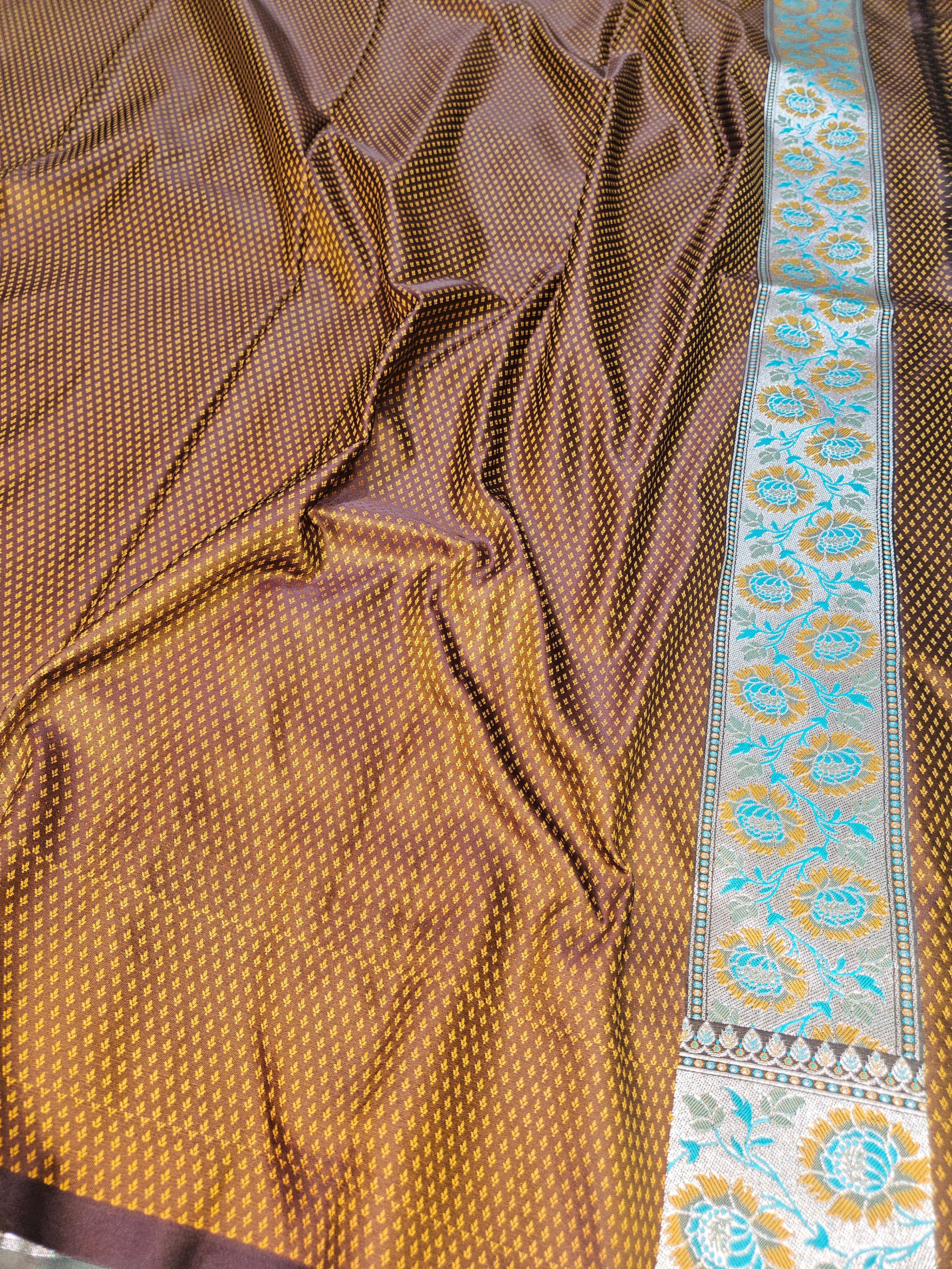 Brown Banarasi Jamewar Satin Silk Saree with Green Multi Mina.