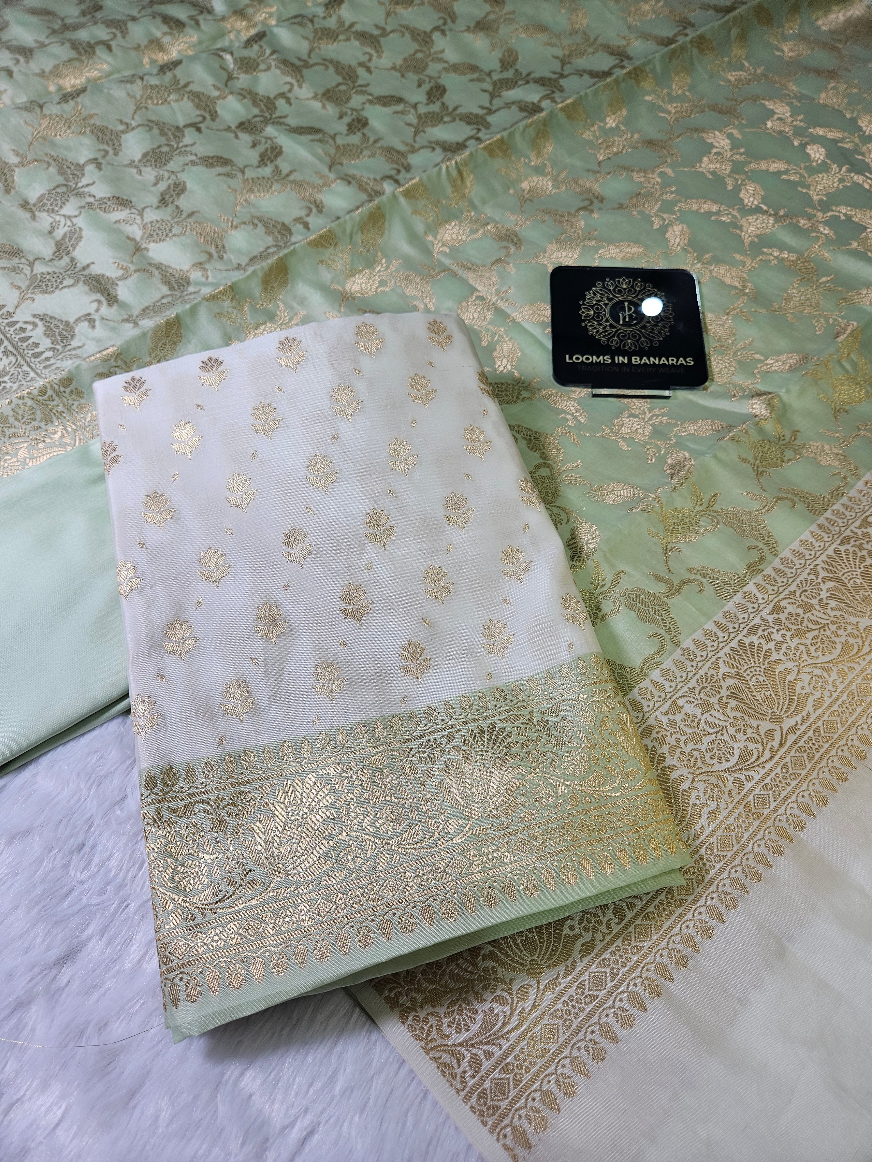 White And Pista Contrast Zari Buti Banarasi Silk Suit