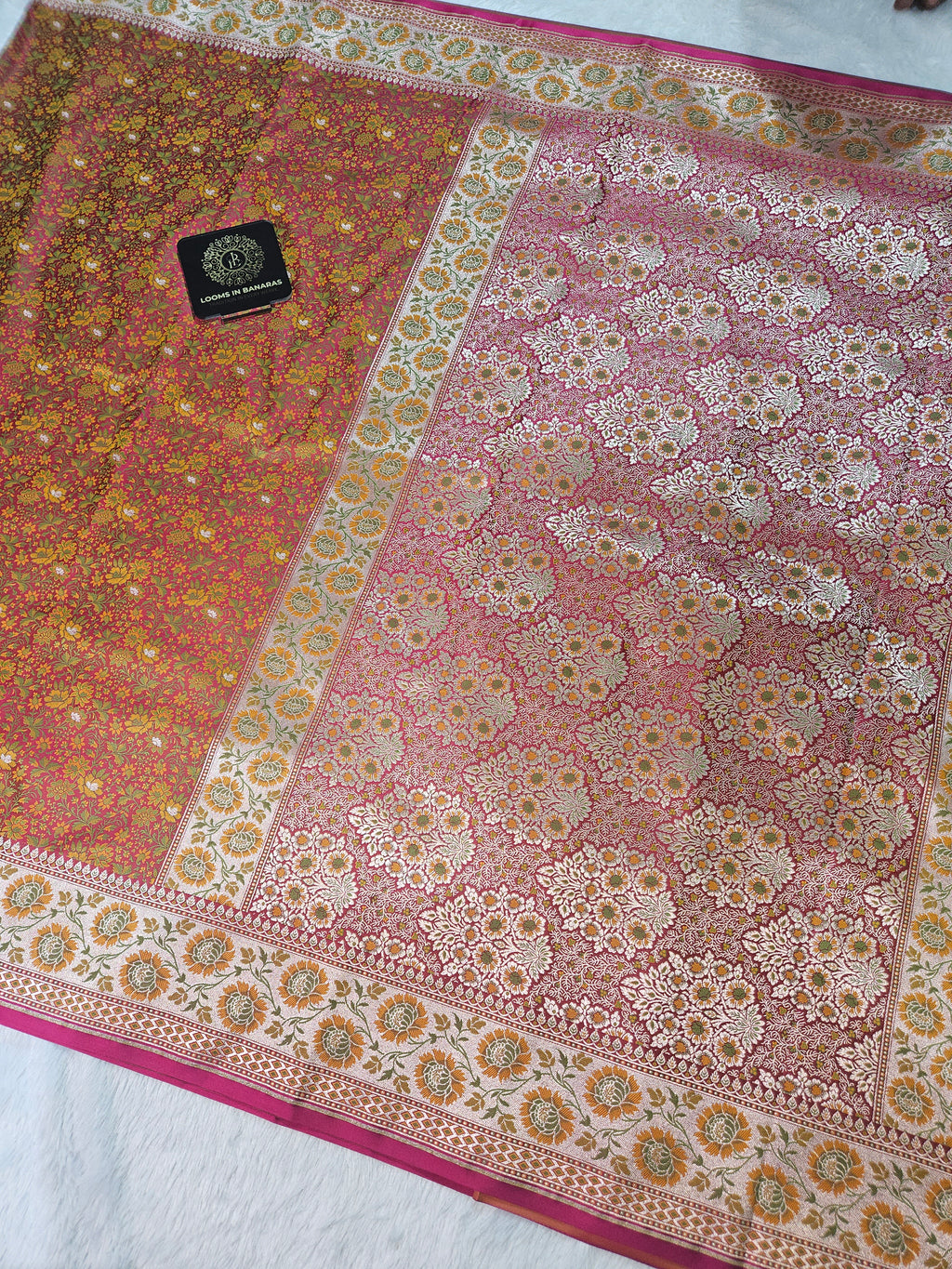 Rani Pink Banarasi Jamewar Satin Silk Saree with Gold Multi Mina.