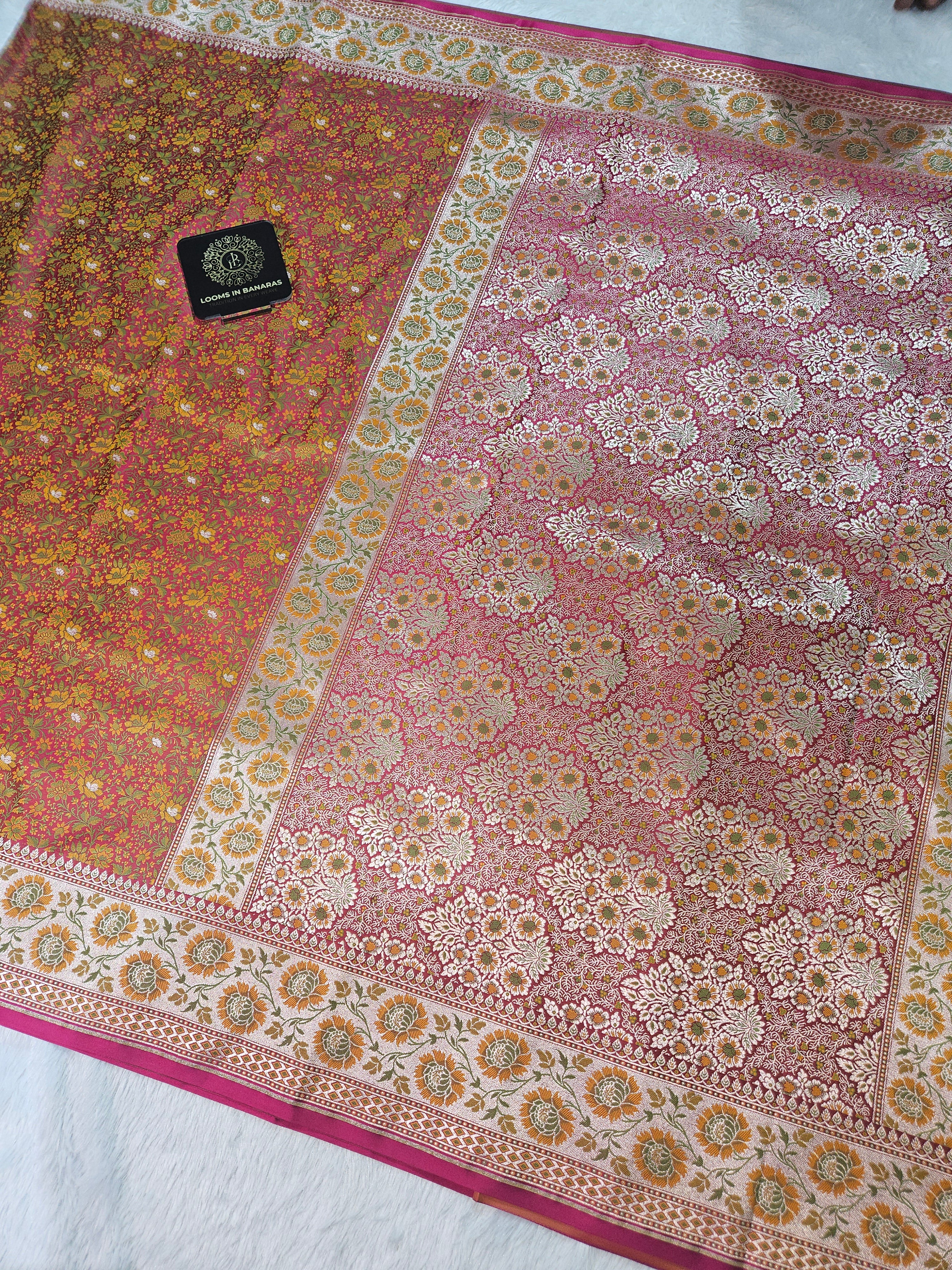 Rani Pink Banarasi Jamewar Satin Silk Saree with Gold Multi Mina.