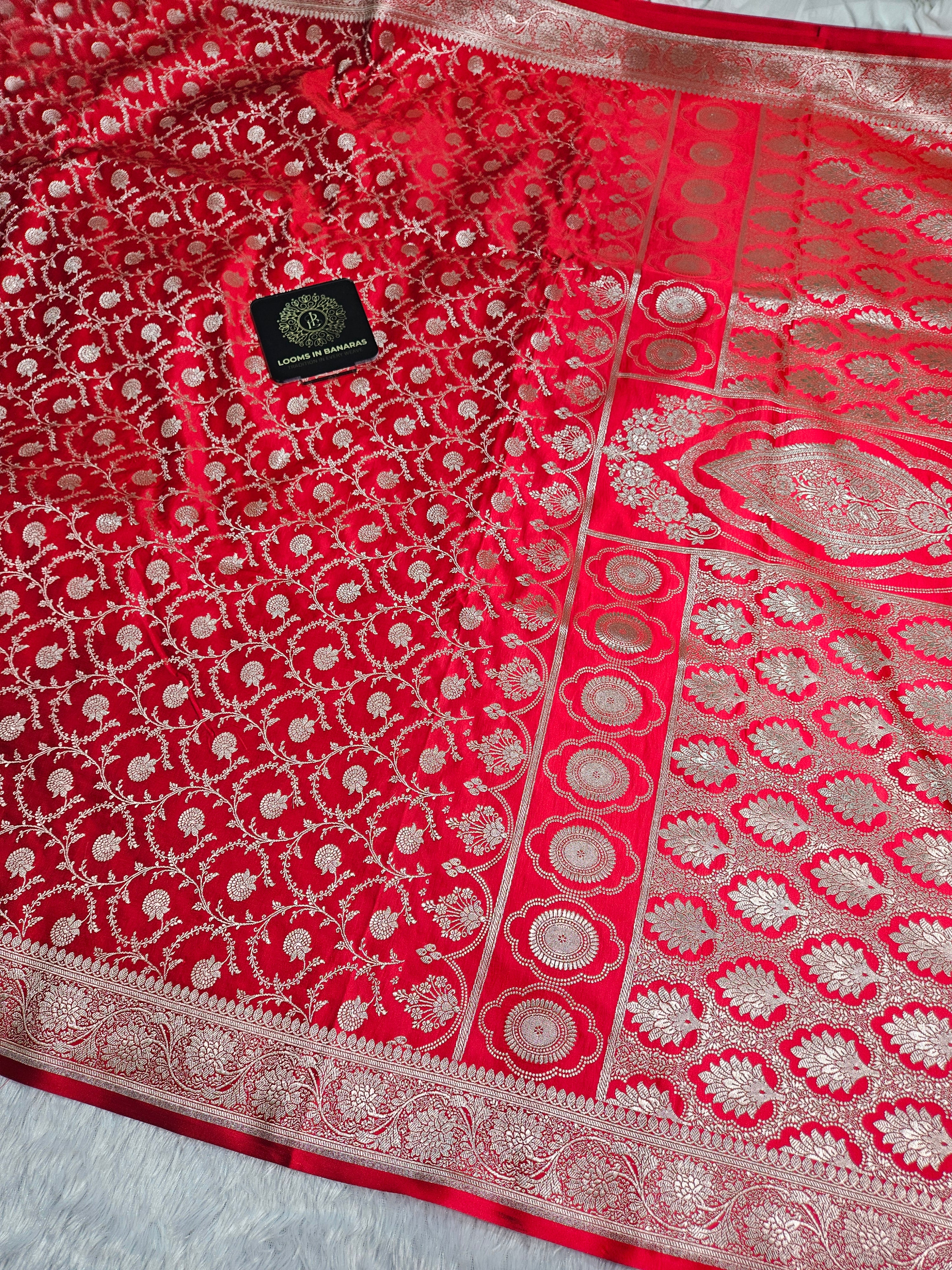 Red Banarasi Mashru Silk Border Jaal Saree