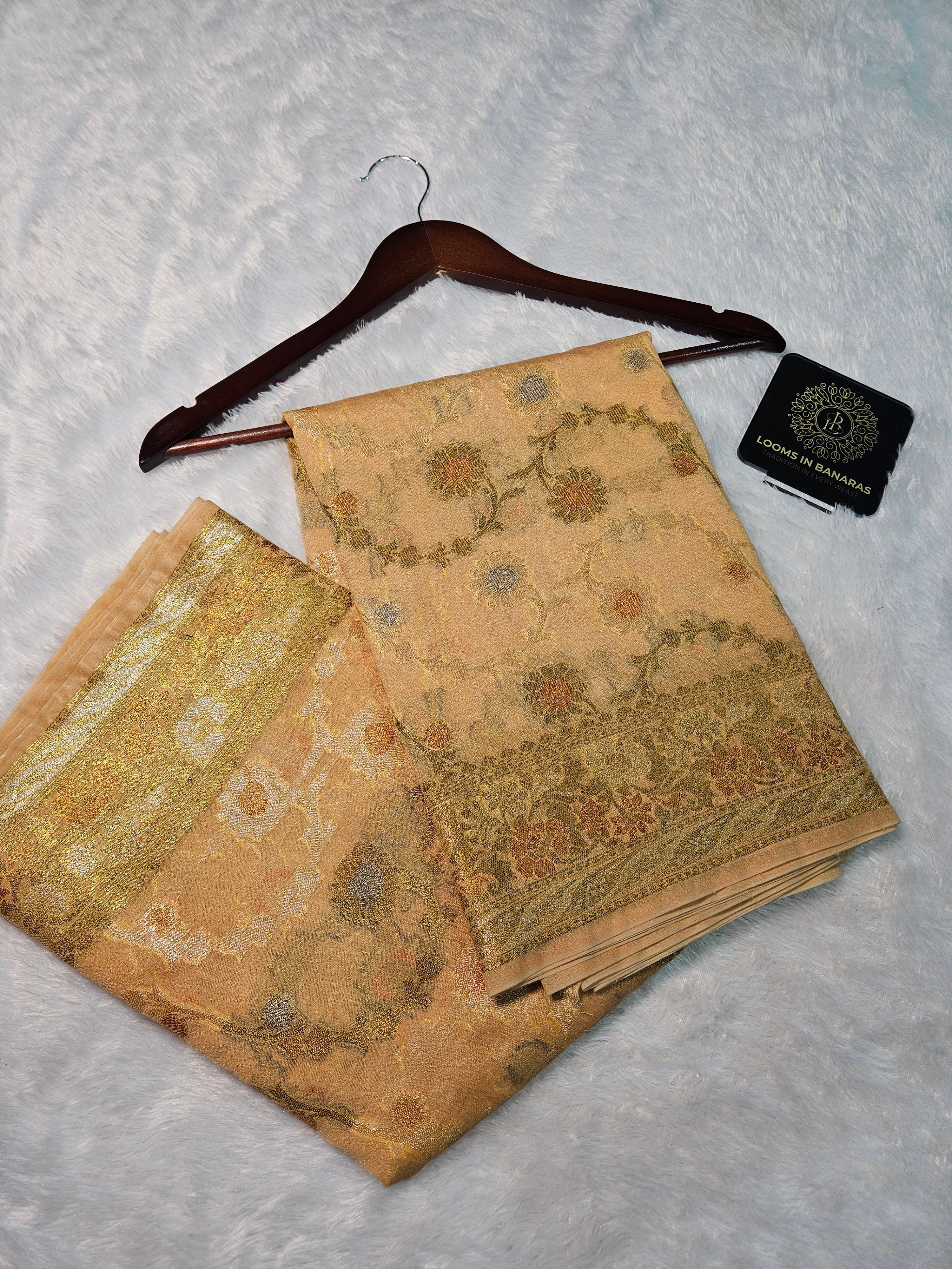 Banarasi Georgette Beige Gold Saree with Nimzari Border Jaal