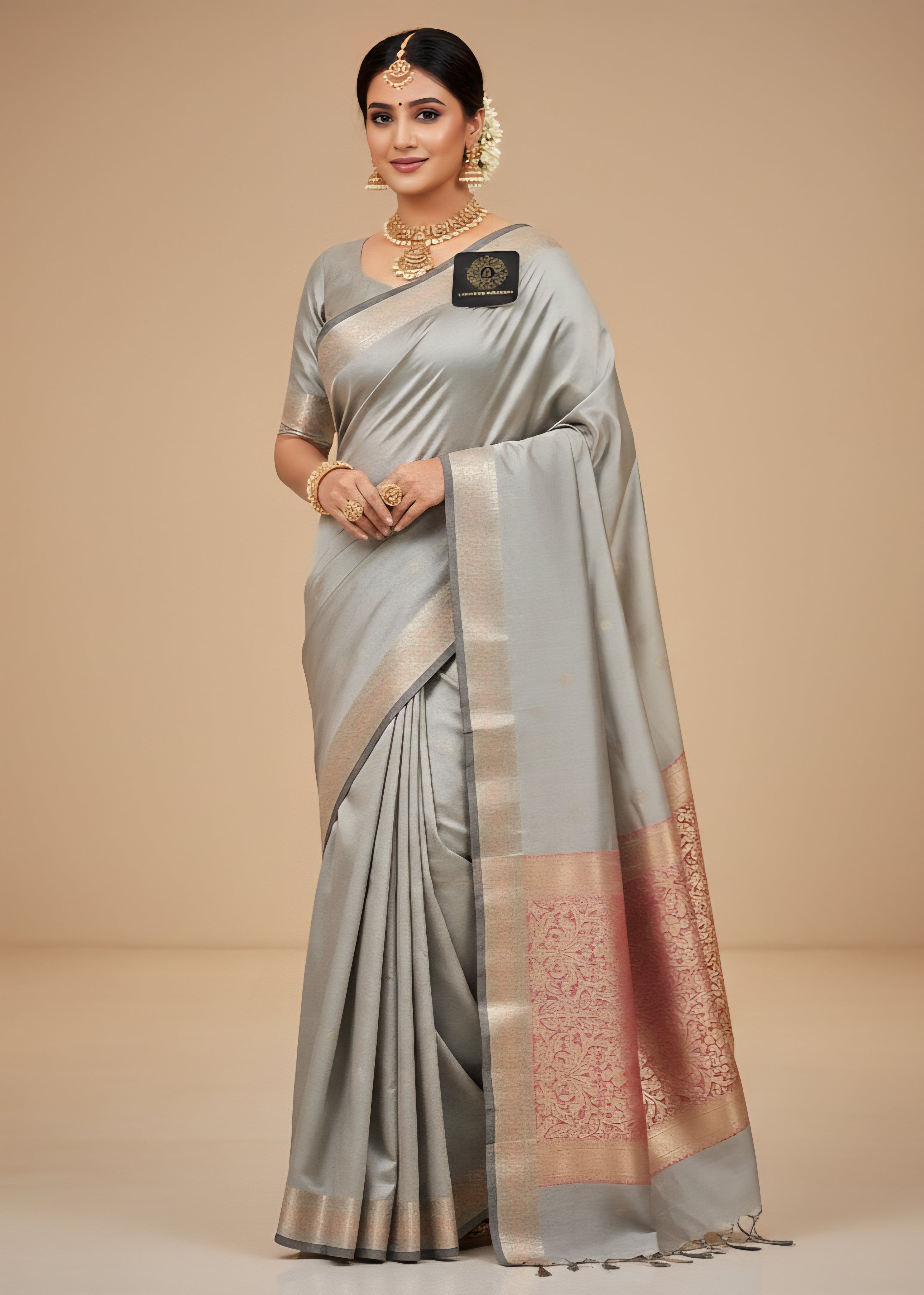 Grey Banarasi Plain Saree Alfi Zari Aanchal Border Design