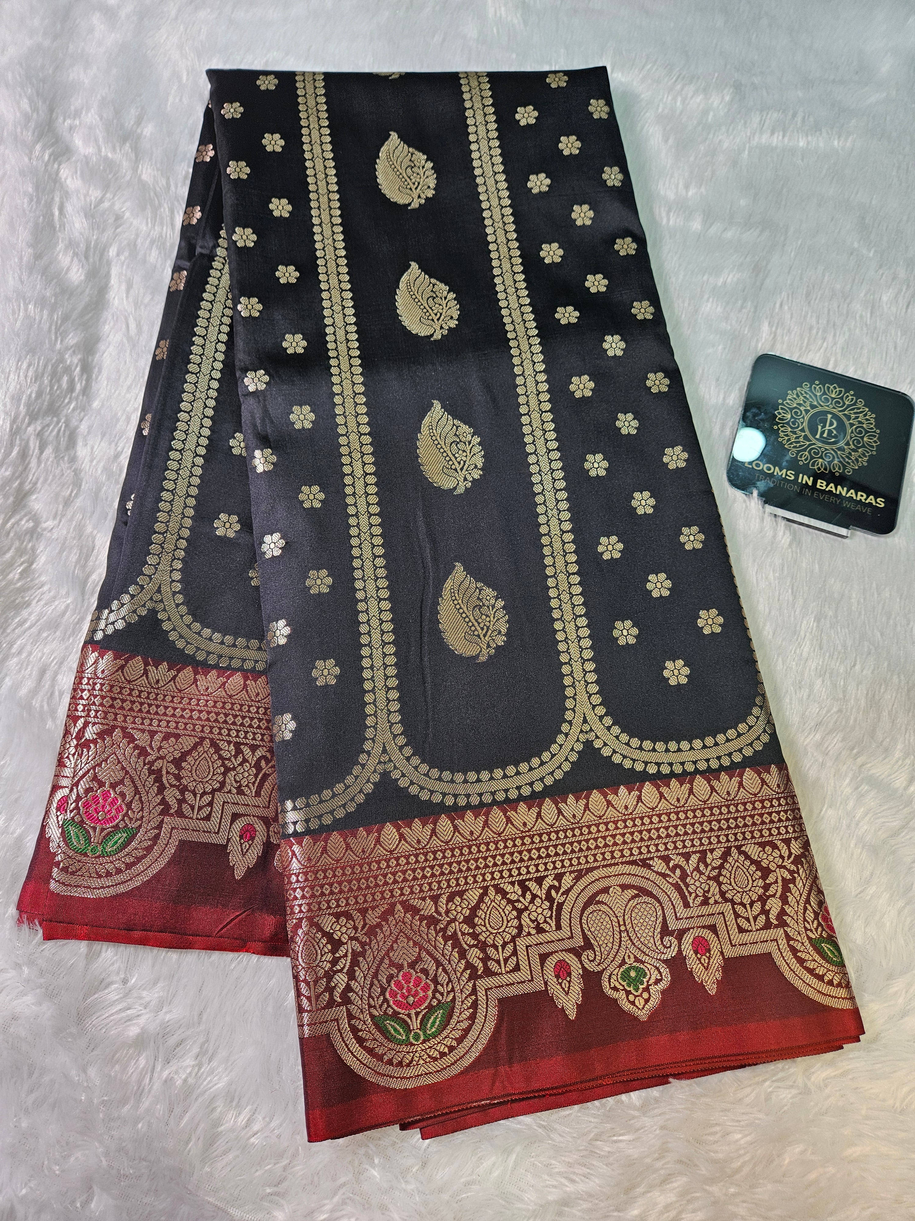 Black and Red Contrast Banarasi Silk Jaal Zari Border Saree