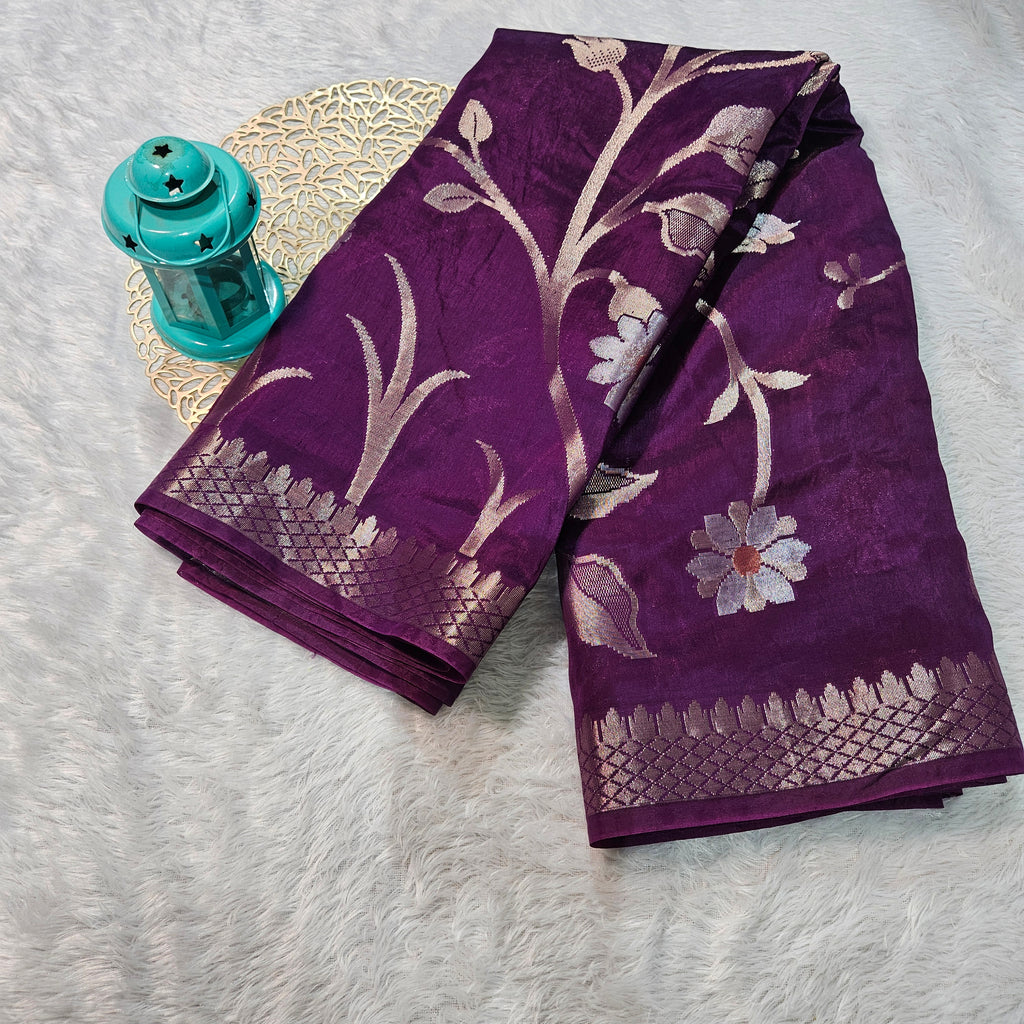 Indigo Banarasi Viscose Silk Saree Floral Jaal with Small border