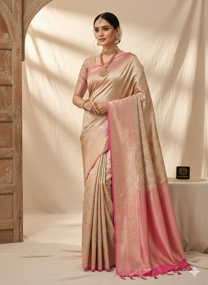 Rose Gold and Pink Contrast Banarasi Tissue Zari Brocade Design  Border Saree