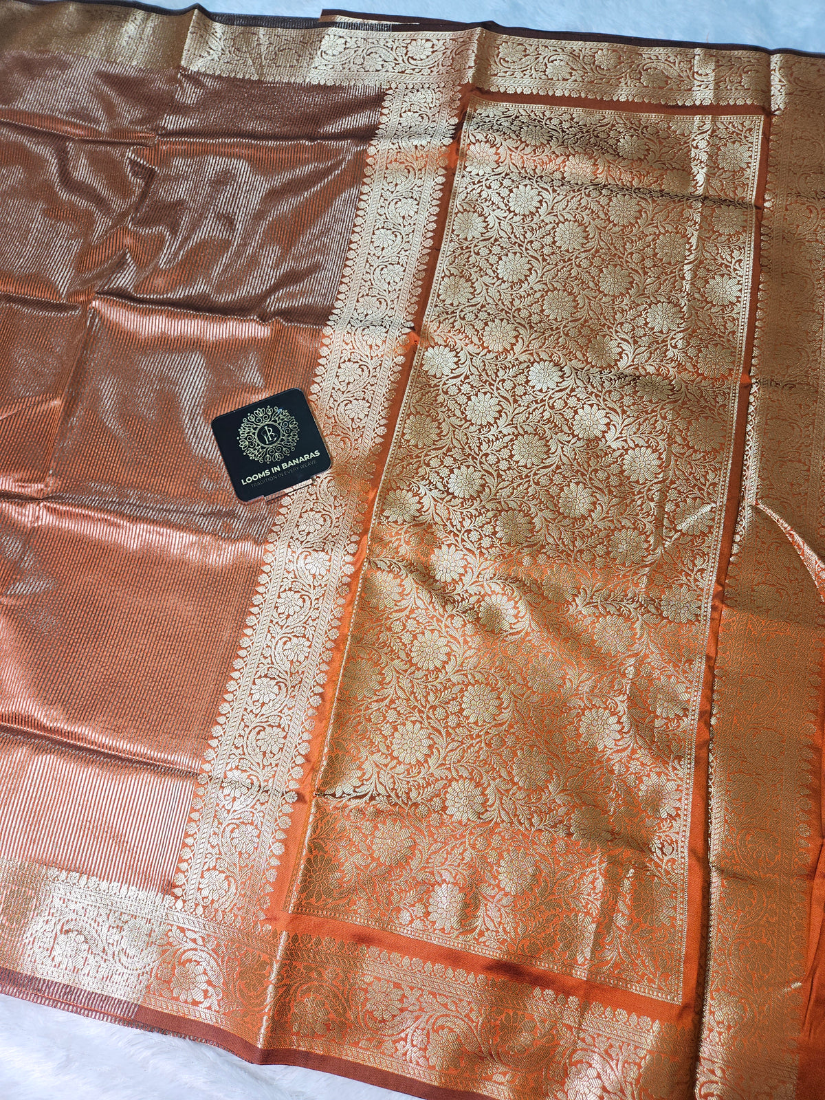 Rust Banarasi Soft Tissue Zari Stripe Design Saree