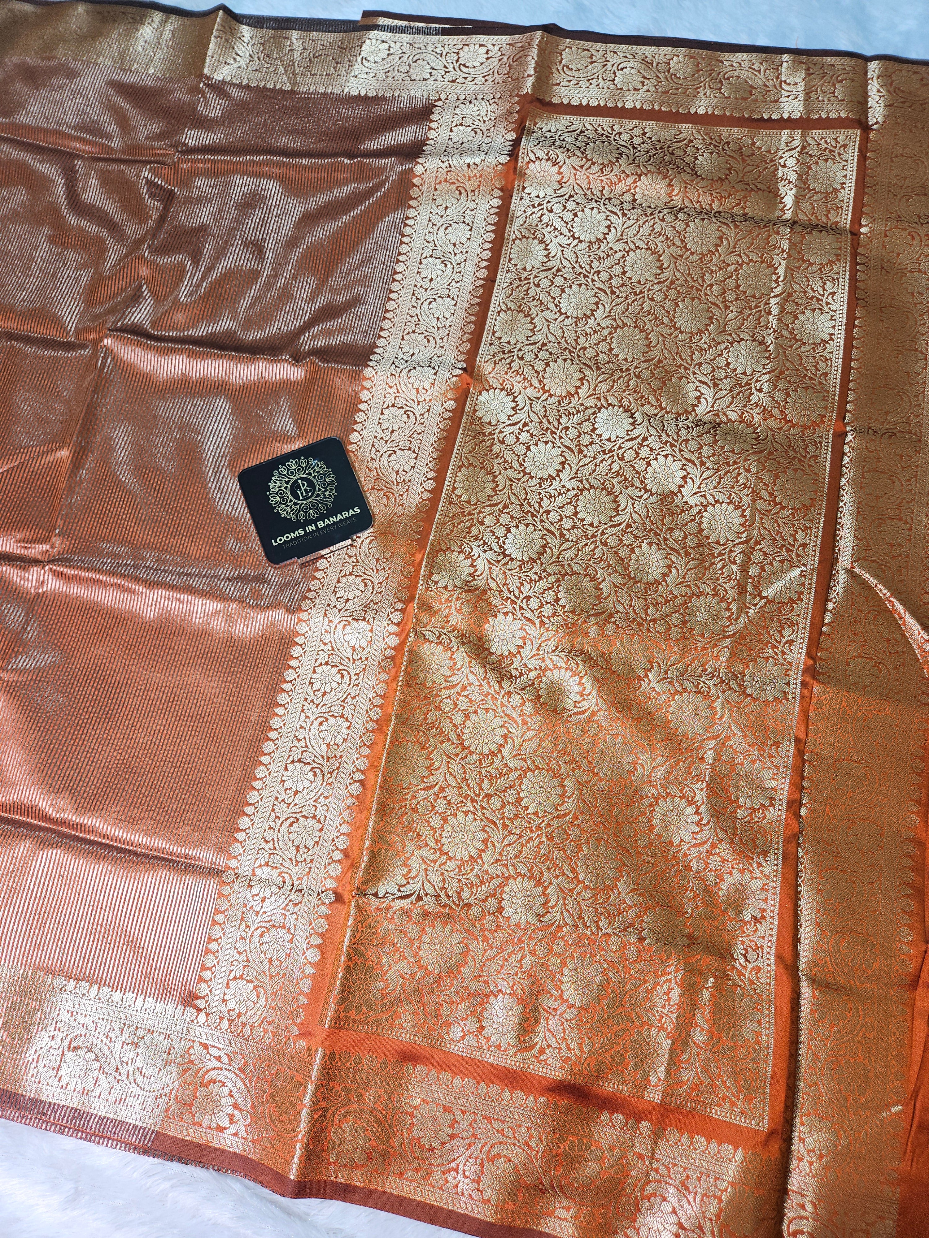 Rust Banarasi Soft Tissue Zari Stripe Design Saree
