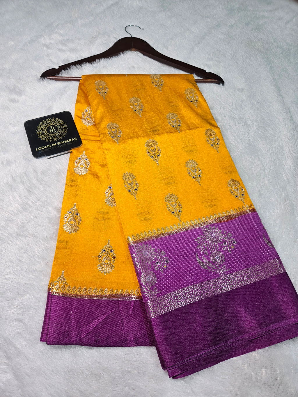 Banarasi Gold Yellow and Purple contrast Viscose Silk Fancy Border Booti Saree